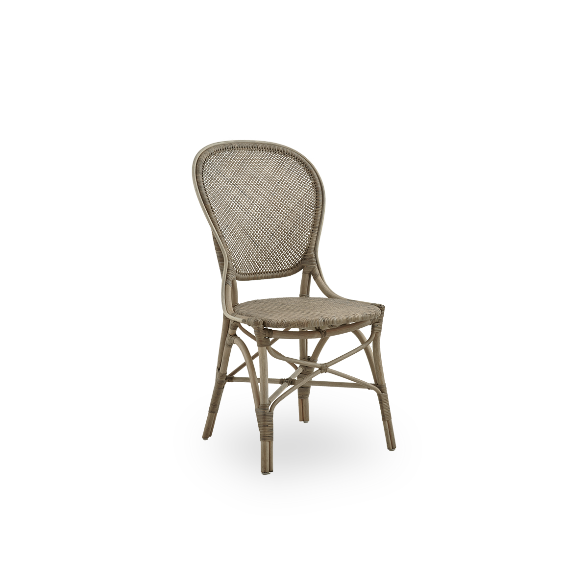 Side view of Rossini dining chair in Taupe color. Elegant wicker chair with round backrest in simple design. Handcrafted from high quality rattan.