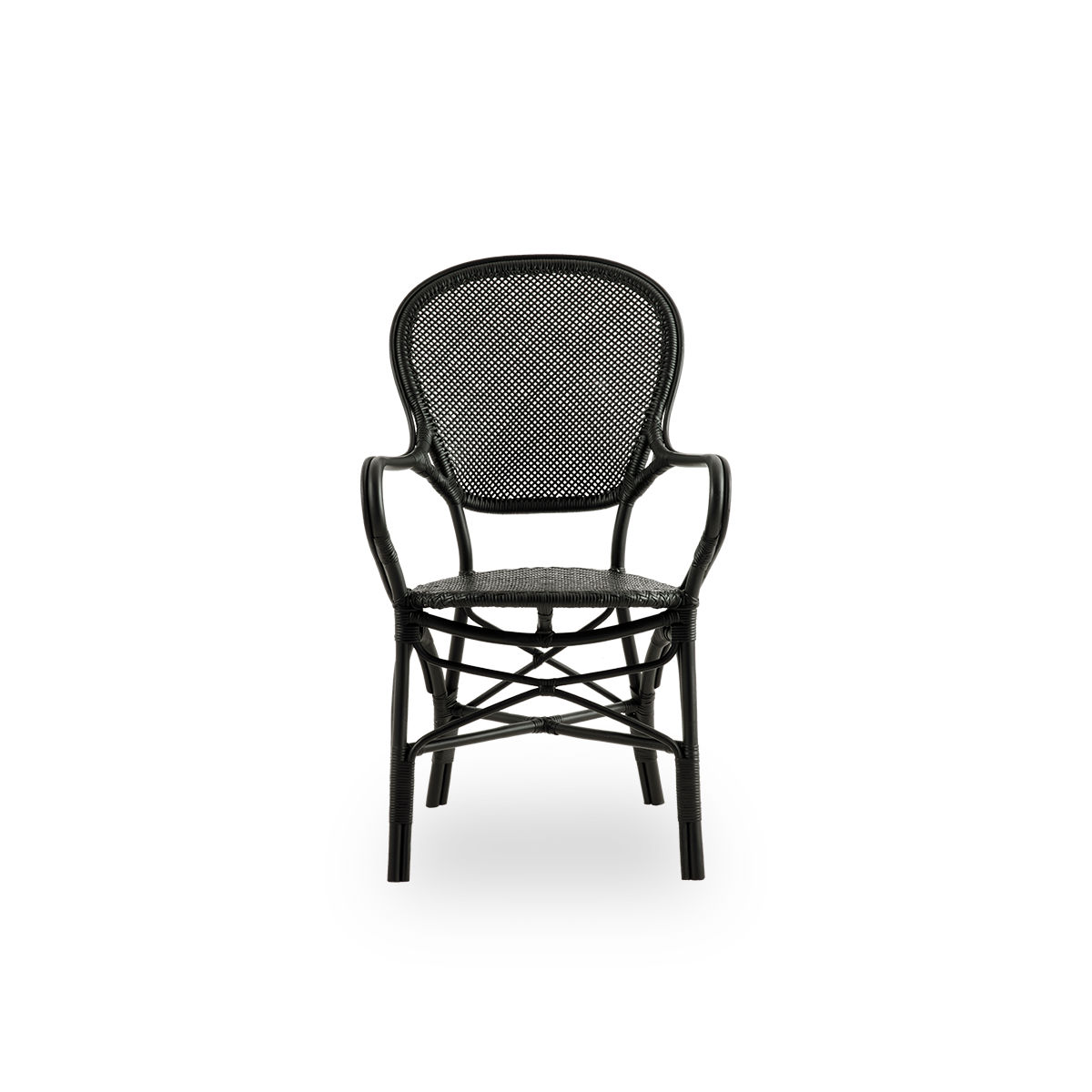 Front view of the Rossini dining armchair in black color.
Elegant wicker chair with round backrest and armrests in a simple design. Handcrafted from high-quality rattan.
