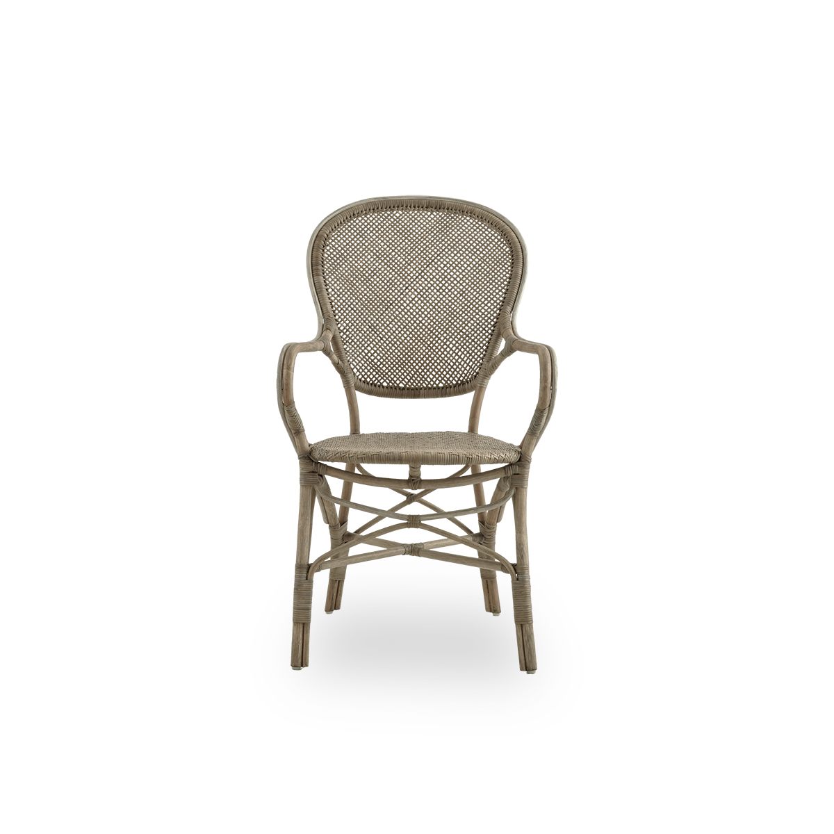 Front view of the Rossini dining armchair in taupe color.
Elegant wicker chair with round backrest and armrests in a simple design. Handcrafted from high-quality rattan.