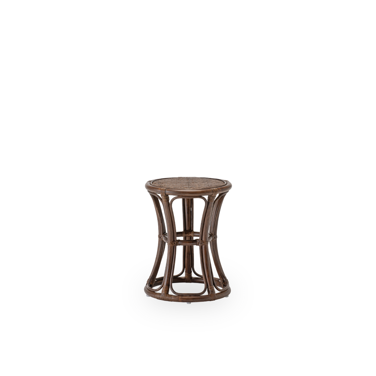 Side view of the Bella stool, in brown rattan. Designed by Rasmus Andreasen, fourth generation of the Sika-Design family, it works equally well as extra seating, side table or plant stand. Handcrafted from high-quality Indonesian rattan.