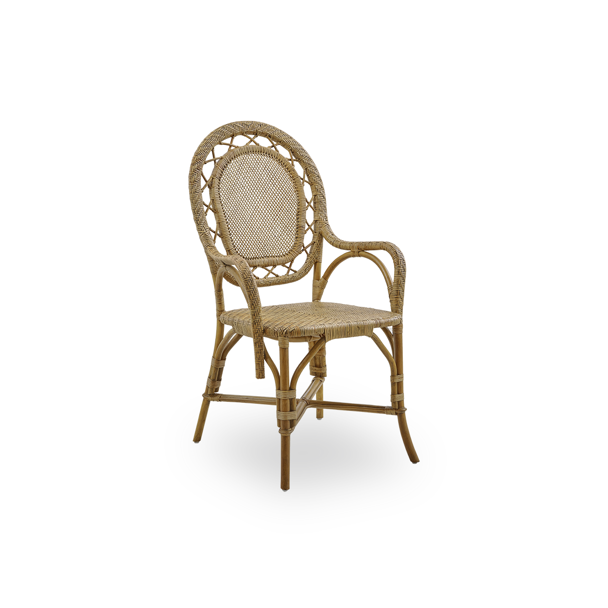 Side view of Romantica dining chair in Antique brown color. Elegant, romantic wicker dining chair with round backrest and fully woven seat in charming Danish design. Handcrafted from high-quality Indonesian rattan.