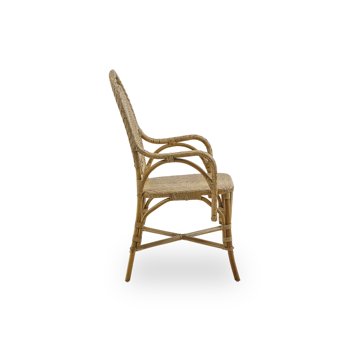 Plain side view of Romantica dining chair in Antique brown color. Elegant, romantic wicker dining chair with round backrest and fully woven seat in charming Danish design. Handcrafted from high-quality Indonesian rattan.