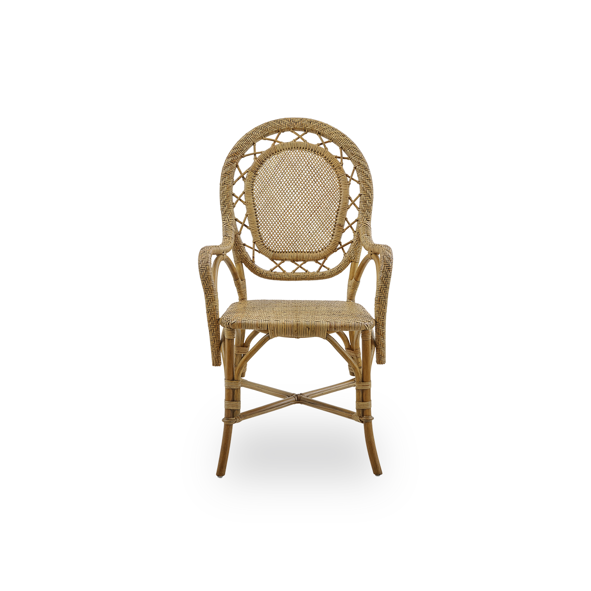 Front view of the Romantica dining chair in antique brown color.
Elegant, romantic wicker dining chair with round backrest and fully woven seat in charming Danish design. Handcrafted from high-quality Indonesian rattan.