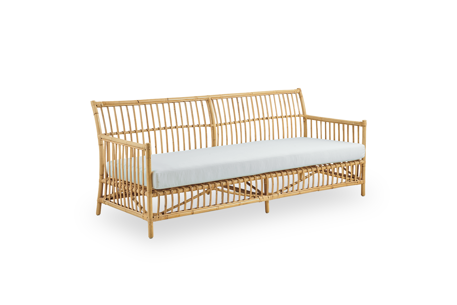 Side view of Caroline 3-seater wicker sofa, simple and elegant Danish design. Handcrafted from Indonesian rattan with detailed woven accents for a cozy, calming presence.