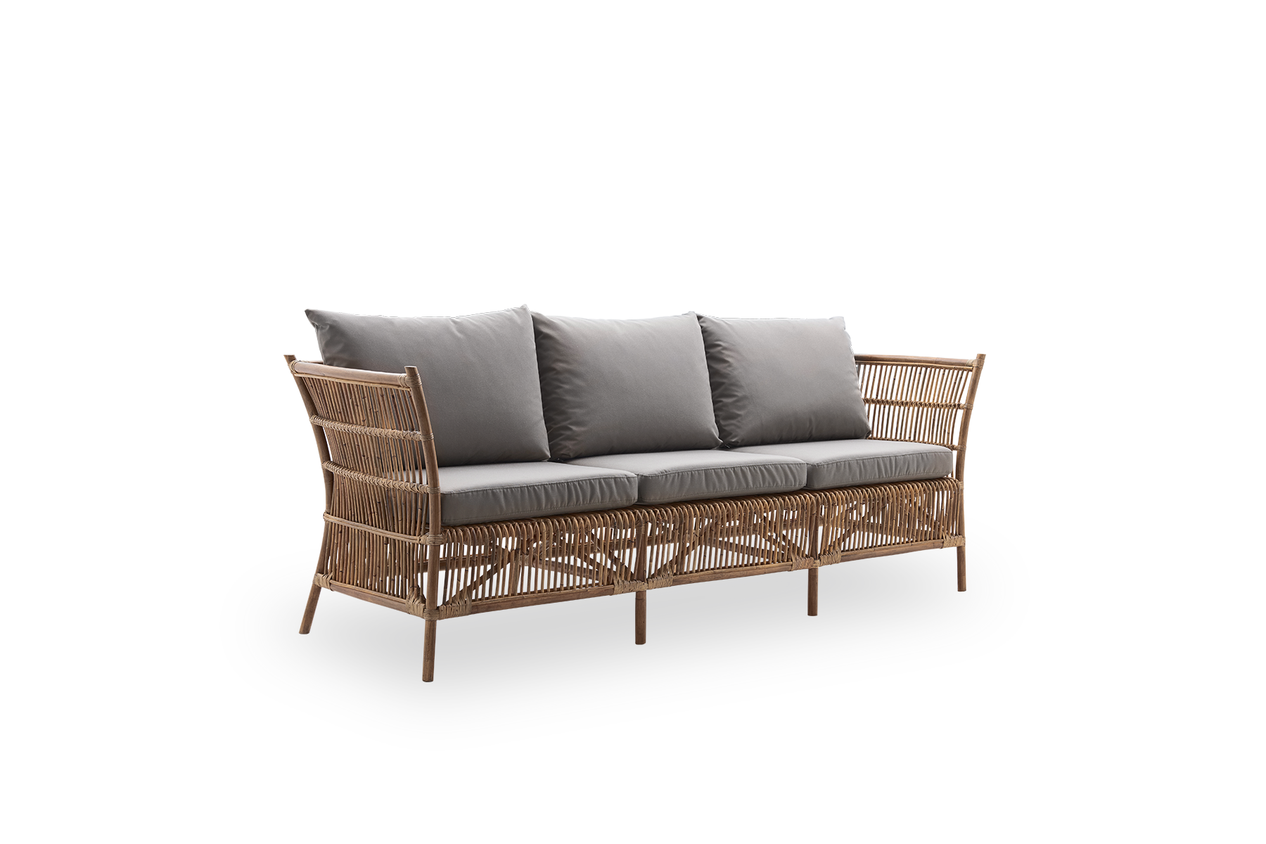 Side view of Donatello 3-seater wicker sofa in Antique brown color. The sofa has a boxy design with strict lines handcrafted from high-quality Indonesian rattan.