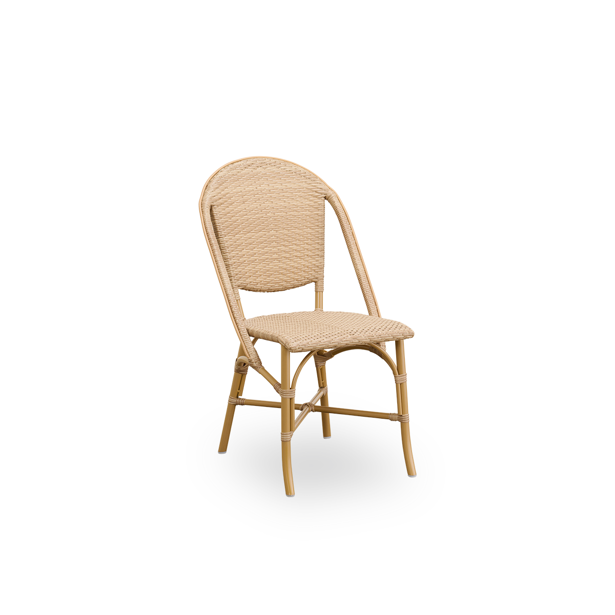 Side view of Sofie outdoor dining chair inspired by French café style. Aluminium frame in Almond color with fully woven seat- and backrest handcrafted in ArtFibre in natural color. Stackable outdoor bistro chair.
