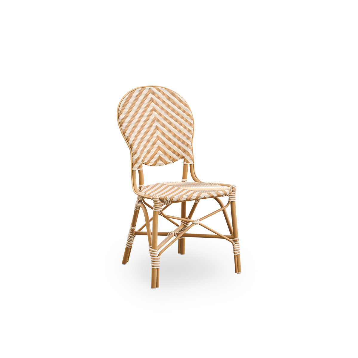 Side view of Isabell outdoor dining chair. Almond colored aluminium frame with seat and backrest made in ArtFibre in ivory and honey colored herringbone pattern.