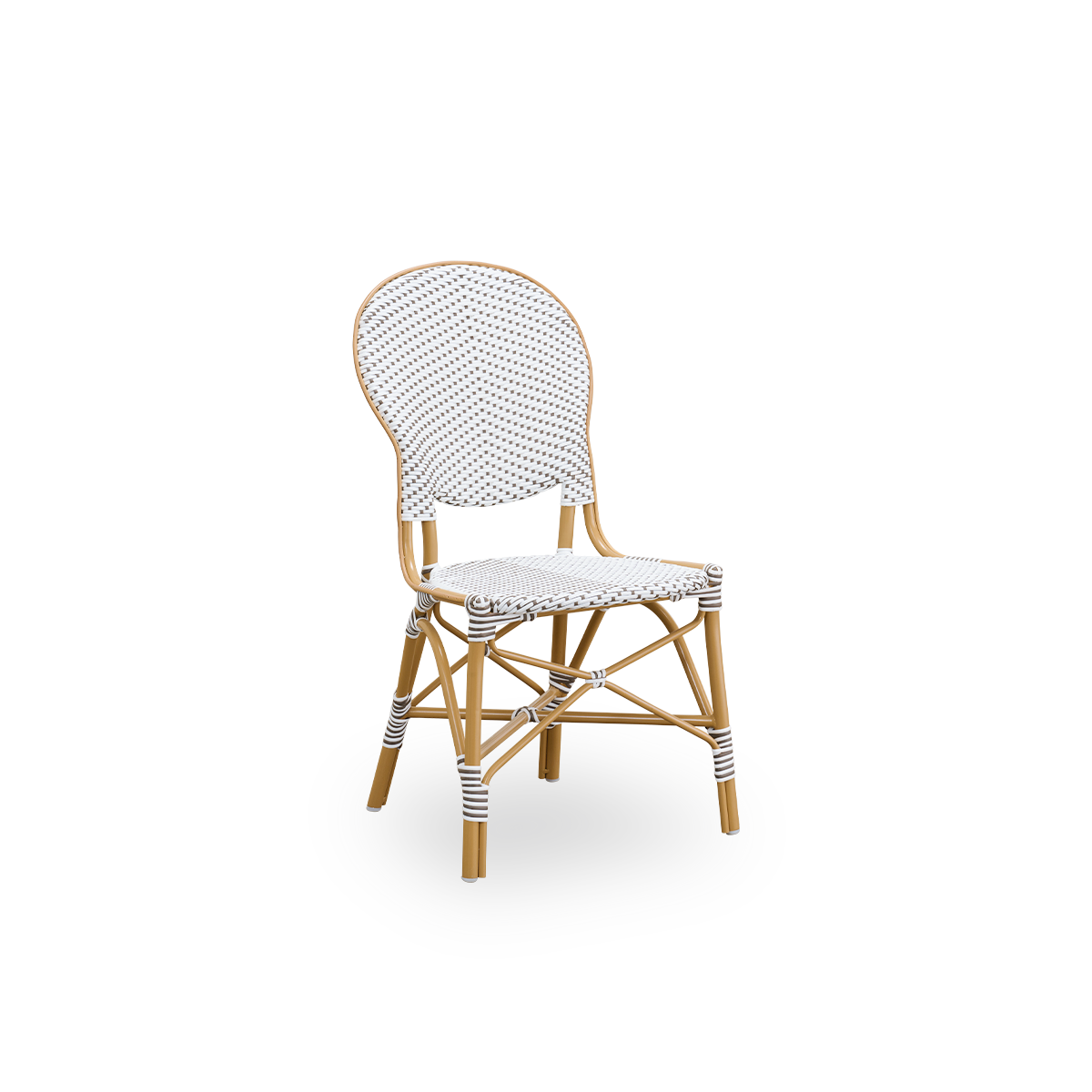 Side view of Isabell outdoor dining chair. Almond colored aluminium frame with seat and backrest made in white ArtFibre with brown dots. Inspired by 1950s bistro design.