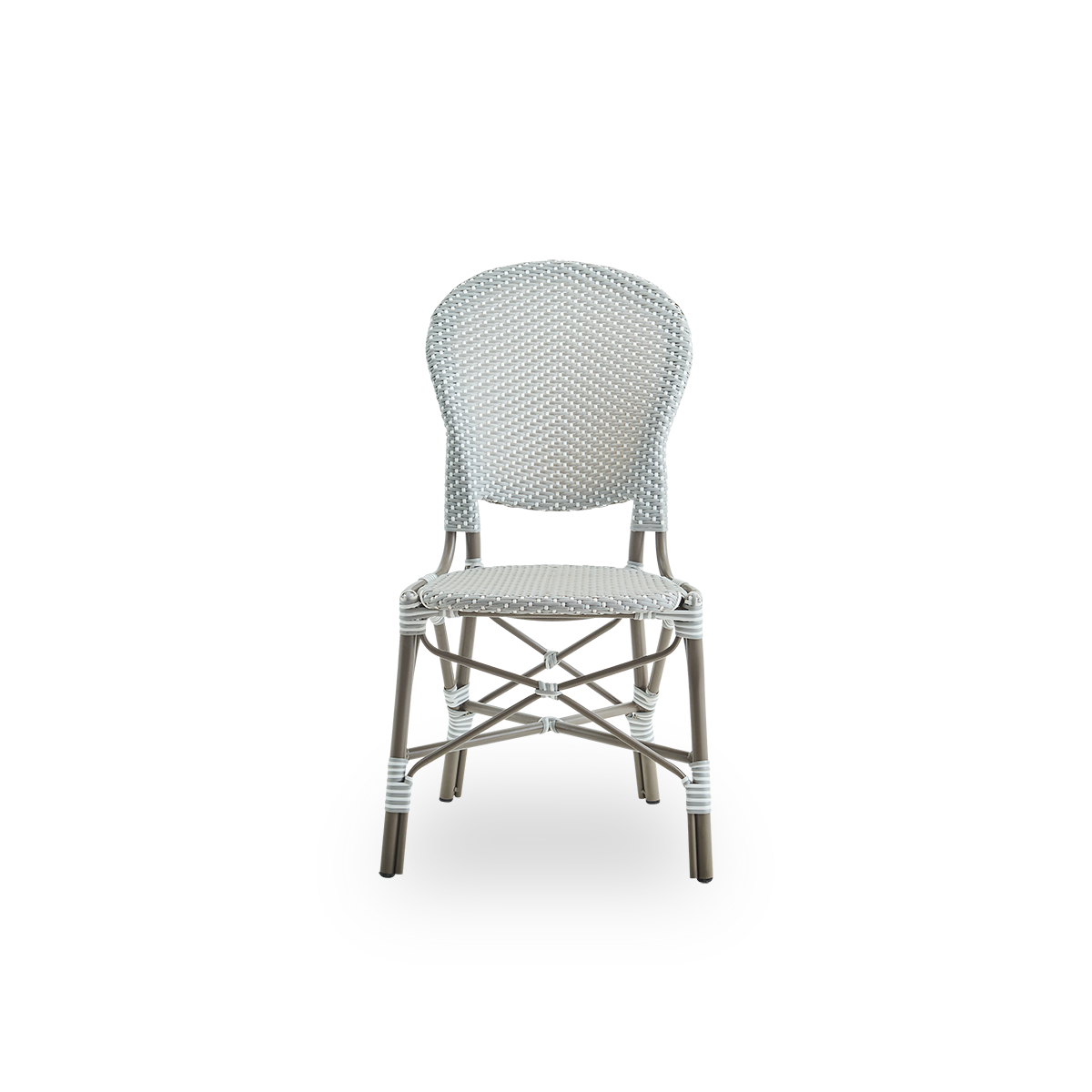 Front view of the Isabell outdoor dining chair.
Taupe aluminium frame with seat and backrest made in grey ArtFibre with white dots. Inspired by 1950s bistro design.