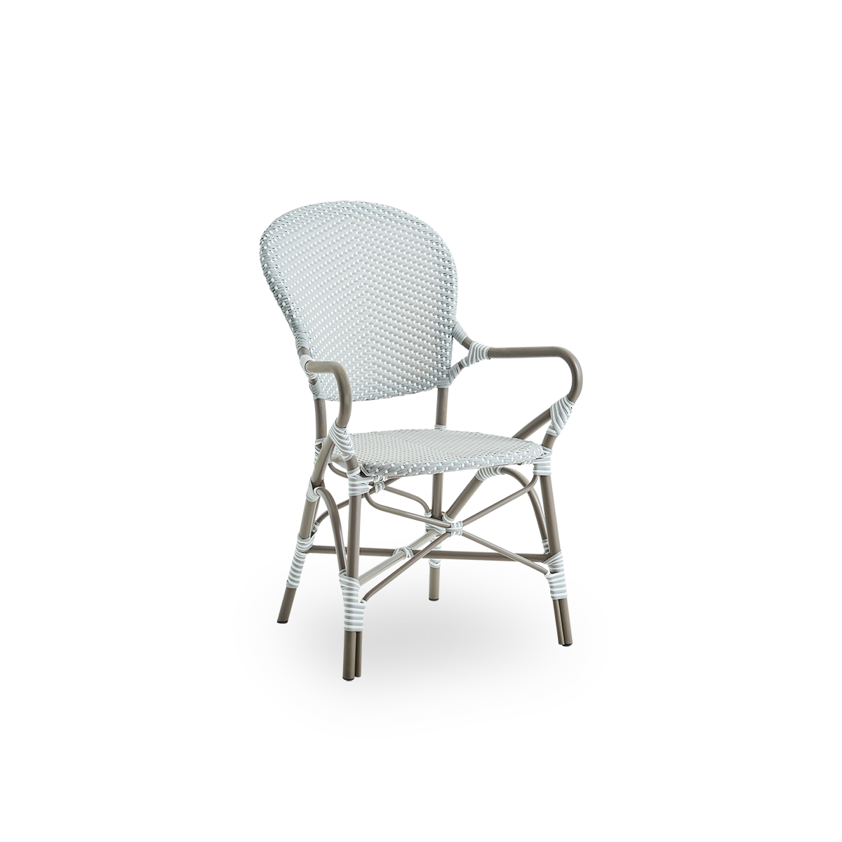 Side view of Isabell outdoor dining armchair. Taupe aluminium frame with seat and backrest made in grey ArtFibre with white dots. Inspired by 1950s bistro design.