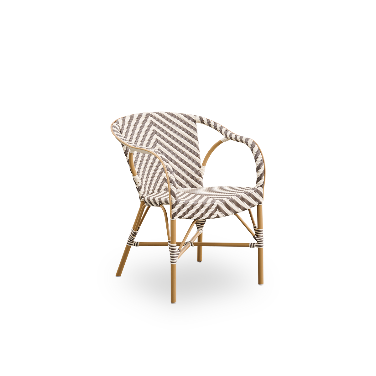 Side view of Madeleine outdoor dining armchair. Aluminium frame in almond color with seat and backrest woven with ArtFibre in ivory and brown herringbone pattern.