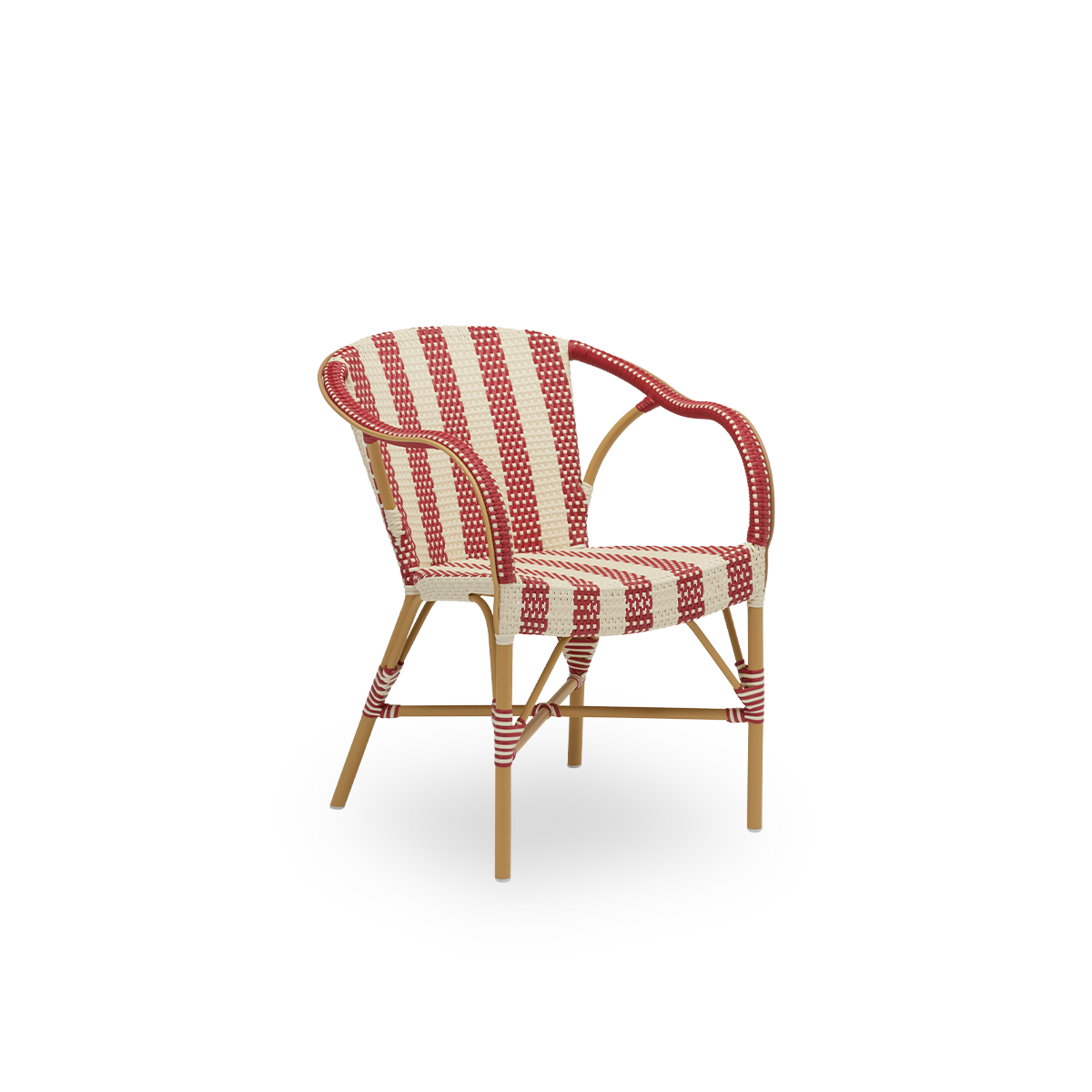 Side view of the Madeleine exterior dining chair, in almond frame with striped burgundy and ivory ArtFibre. Part of the Alu-Affäire collection, inspired by Sika-Design's own 1950s designs and Parisian bistros. For year-round outdoor use.