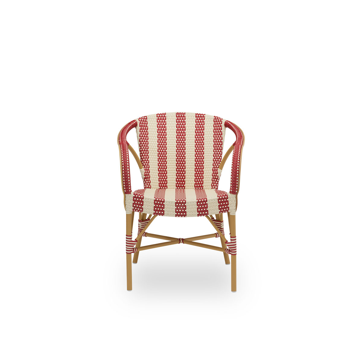 Front view of the Madeleine exterior dining chair, in almond frame with striped burgundy and ivory ArtFibre. Part of the Alu-Affäire collection, inspired by Sika-Design's own 1950s designs and Parisian bistros. For year-round outdoor use.