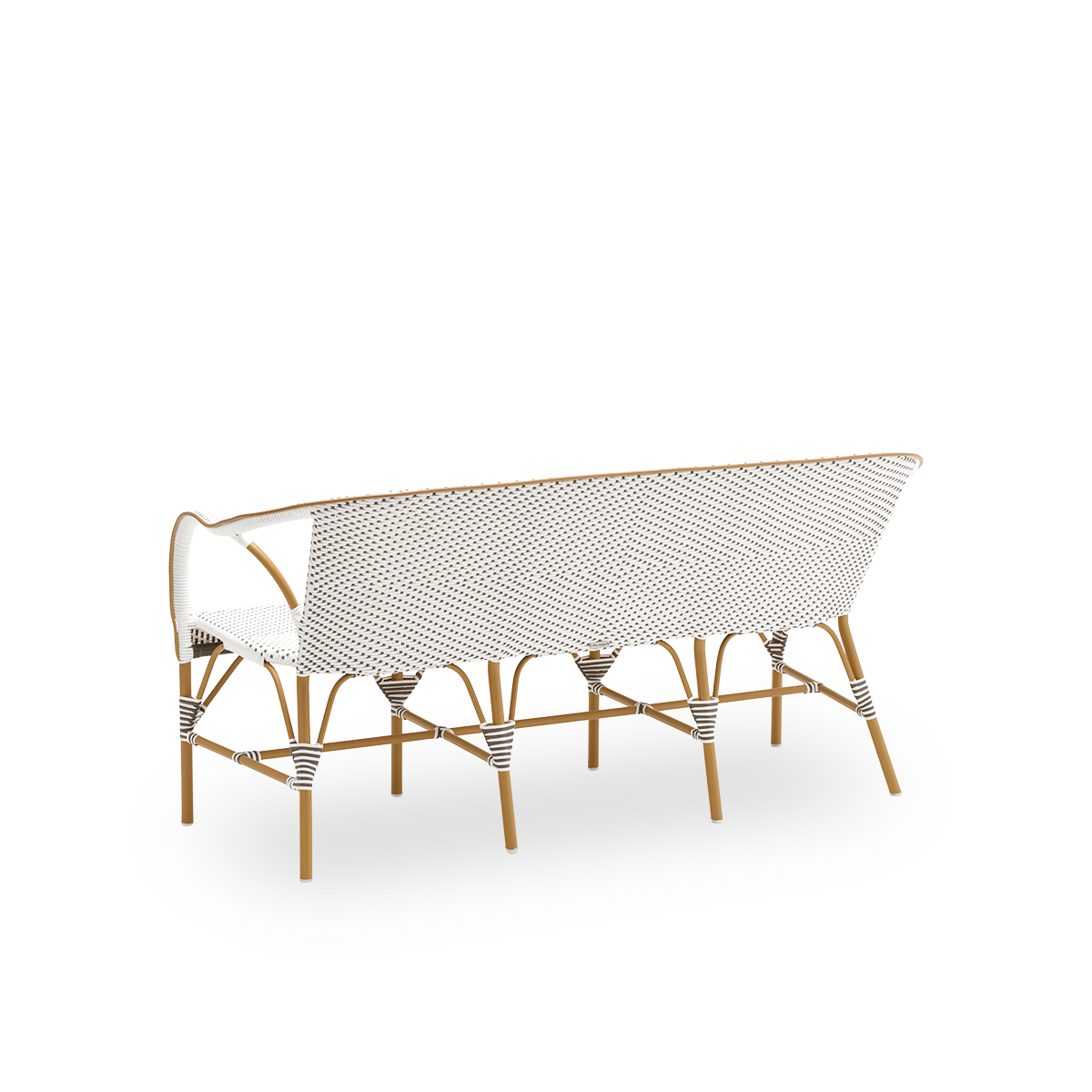 Back side view of the Madeleine exterior bench, in almond frame with white ArtFibre with cappuccino dots. Part of the Alu-Affäire collection, inspired by Sika-Design's own 1950s designs and Parisian bistros. For year-round outdoor use.