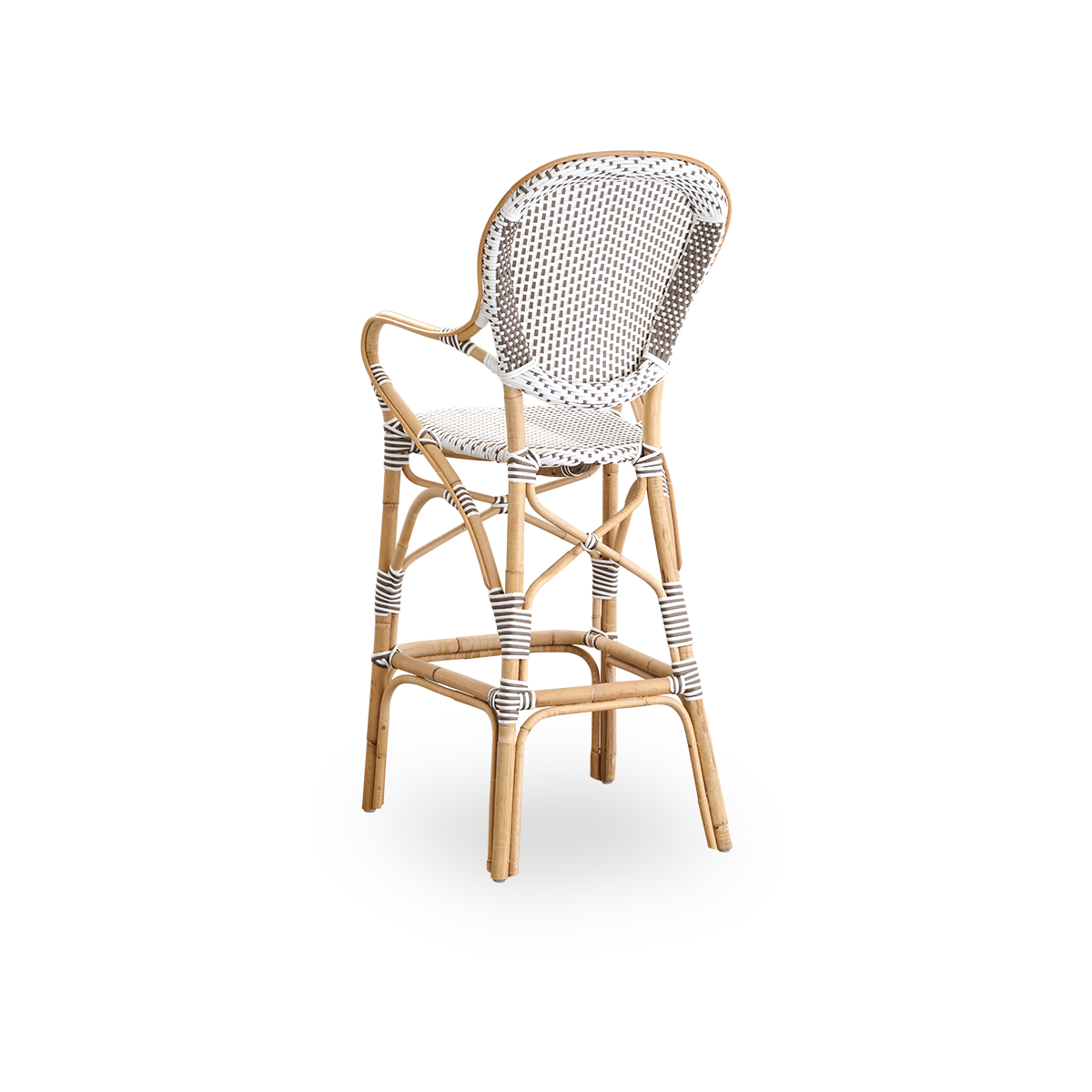 Back side view of the Isabell barstool with high backrest, armrests, and footrest.
Natural rattan frame with an ArtFibre seat in white with cappuccino dots. Inspired by 1950s bistro design.