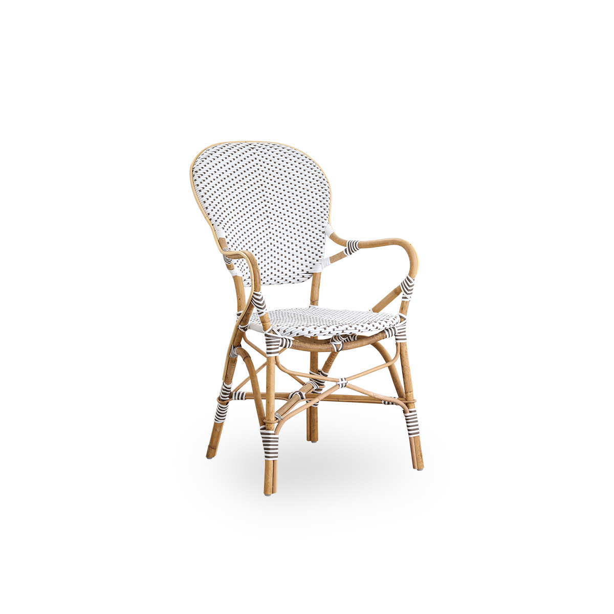 Side view of Isabell dining chair with armrest. Rattan frame with seat and backrest made in white ArtFibre with brown dots. Inspired by 1950s bistro design.