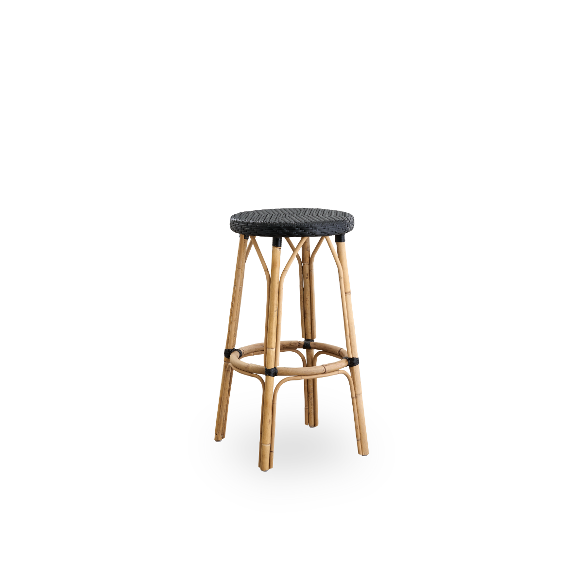 Side view of Simone barstool height 78 cm. Rattan frame with footrest, with fully woven round seat handcrafted in ArtFibre in black color. Stackable barstool.