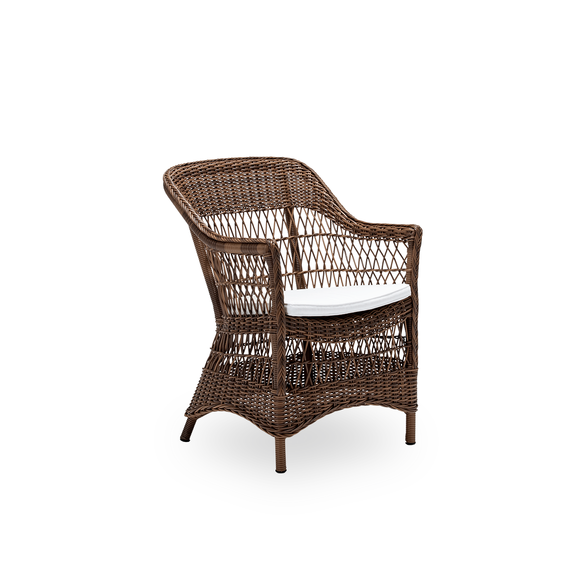 Side view of the Charlot exterior dining chair with seat cushion, in brown ArtFibre and aluminium. From Sika-Design's Georgia Garden collection, inspired by British colonial style and classic Danish wicker, with armrests and a high backrest.