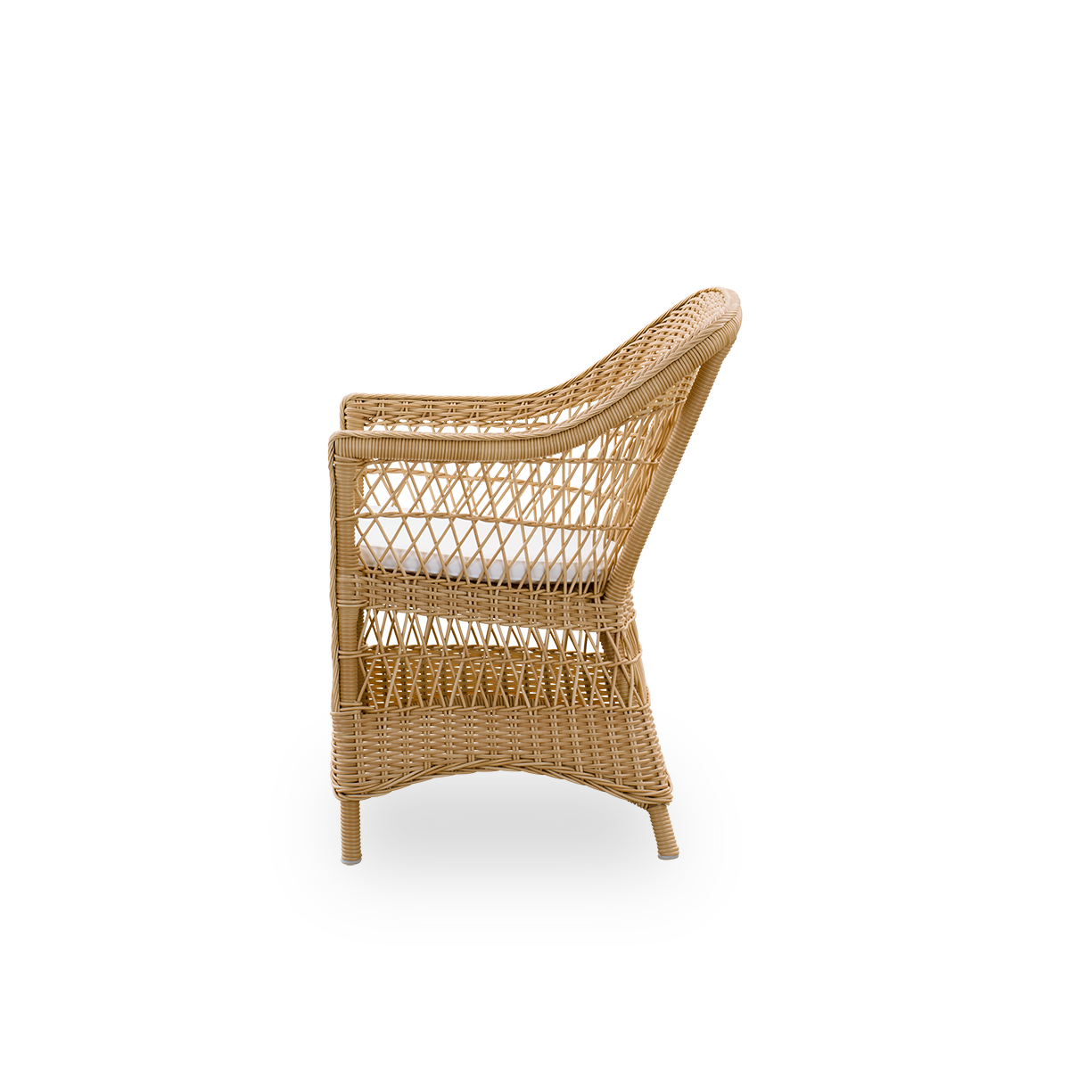 Plain side view of the Charlot Exterior dining chair in a natural color, a fully woven outdoor chair in British colonial style handcrafted from ArtFibre on durable aluminum frames.
