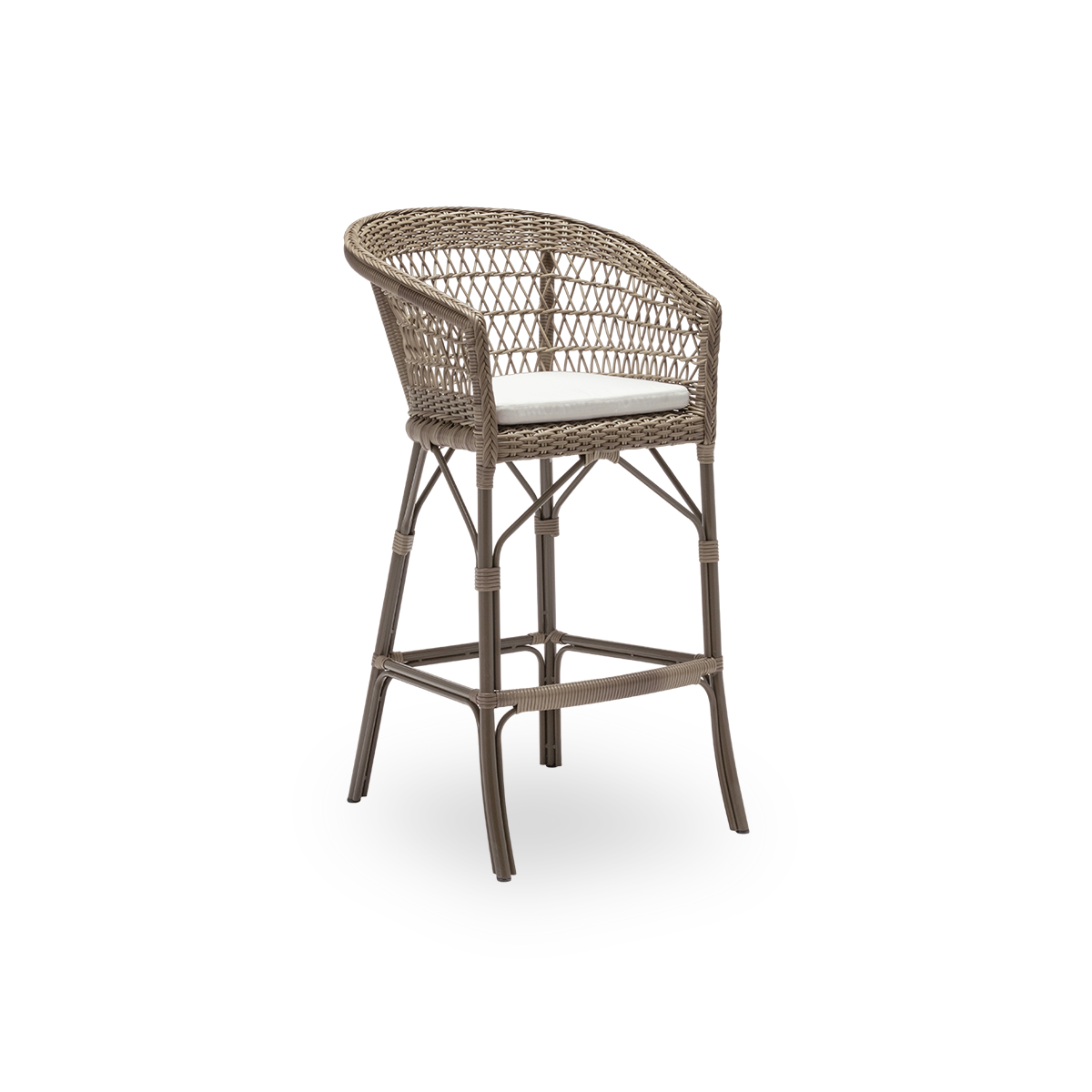 Side view of the Emma exterior bar stool with seat cushion, in antique grey ArtFibre and aluminium. From Sika-Design's Georgia Garden collection, suited to private homes and to hotels and restaurants alike.