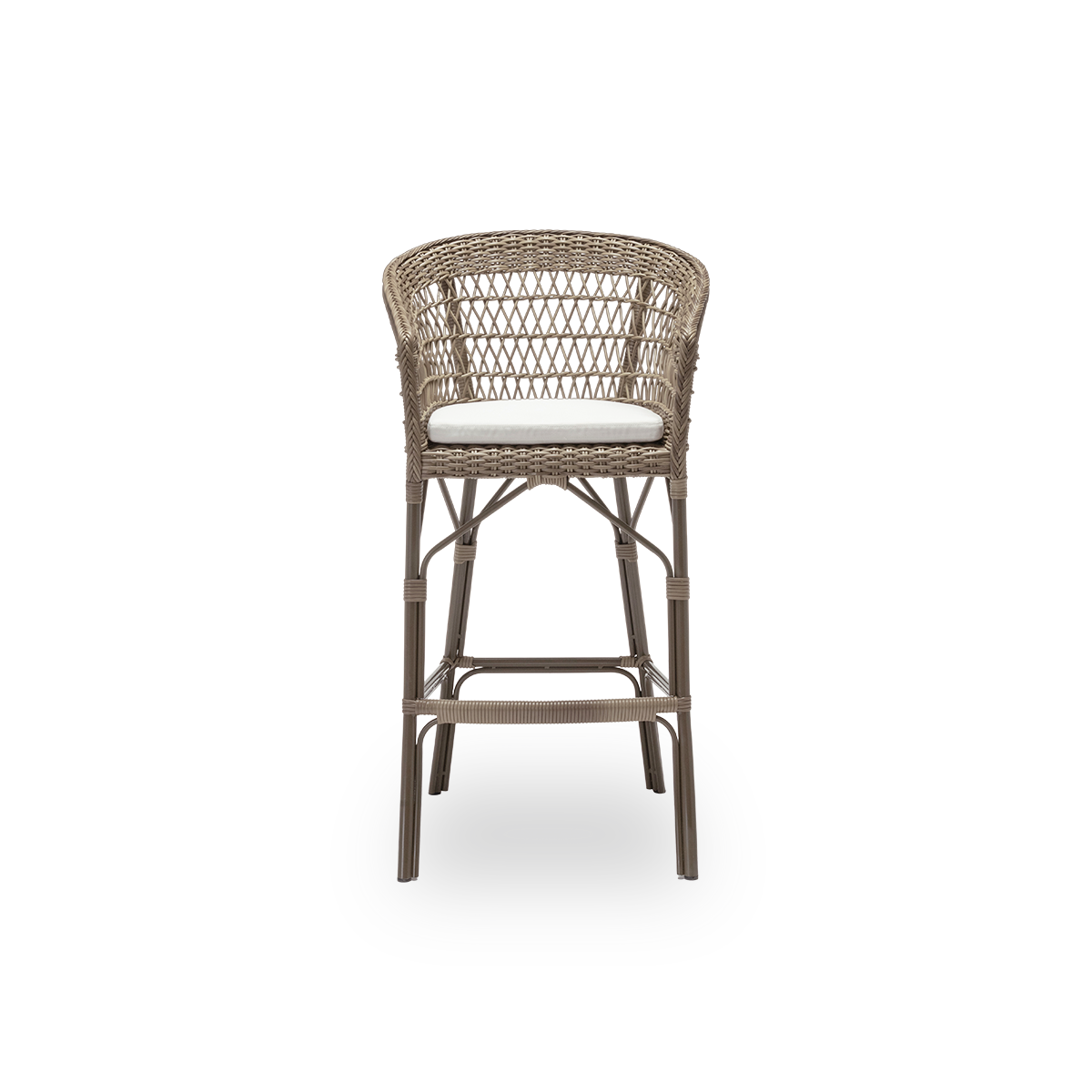 Front view of the Emma exterior bar stool with seat cushion, in antique grey ArtFibre and aluminium. From Sika-Design's Georgia Garden collection, suited to private homes and to hotels and restaurants alike.