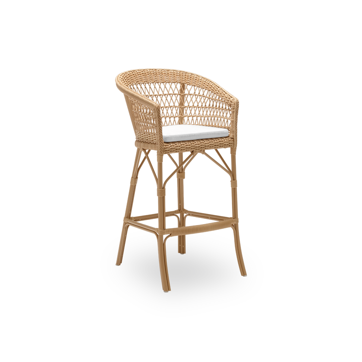 Side view of the Emma exterior bar stool with seat cushion, in natural ArtFibre and aluminium. From Sika-Design's Georgia Garden collection, suited to private homes and to hotels and restaurants alike.