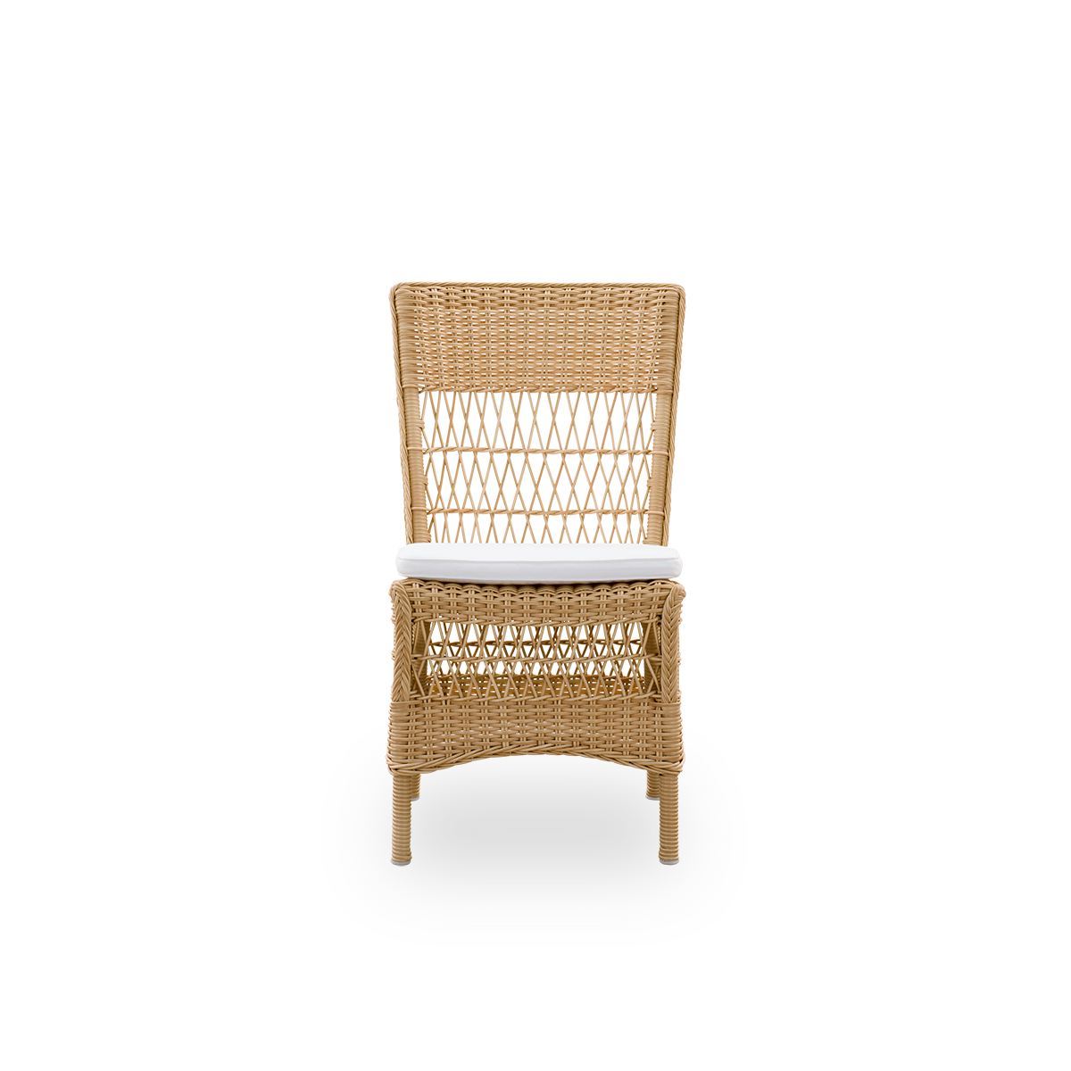 Side view of Marie outdoor dining chair presented in Natural color. Aluminum frame fully woven with ArtFibre inspired by British colonial style.