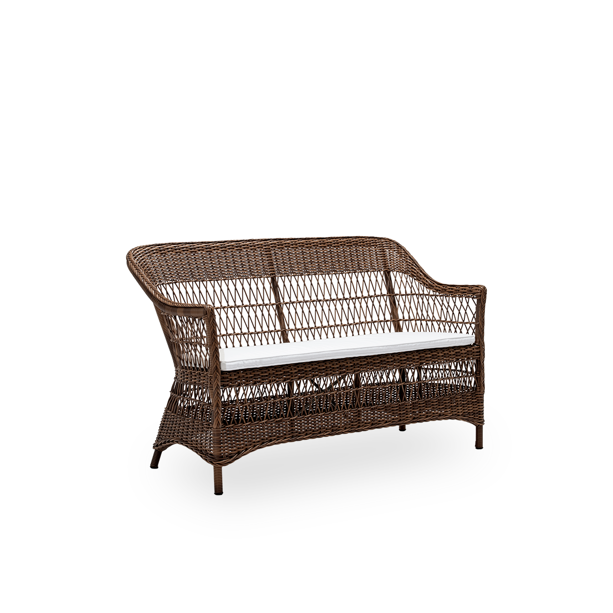 Side view of the Charlot exterior 2-seater sofa with seat cushion, in brown ArtFibre and aluminium. From Sika-Design's Georgia Garden collection, inspired by British colonial style and classic Danish wicker furniture.