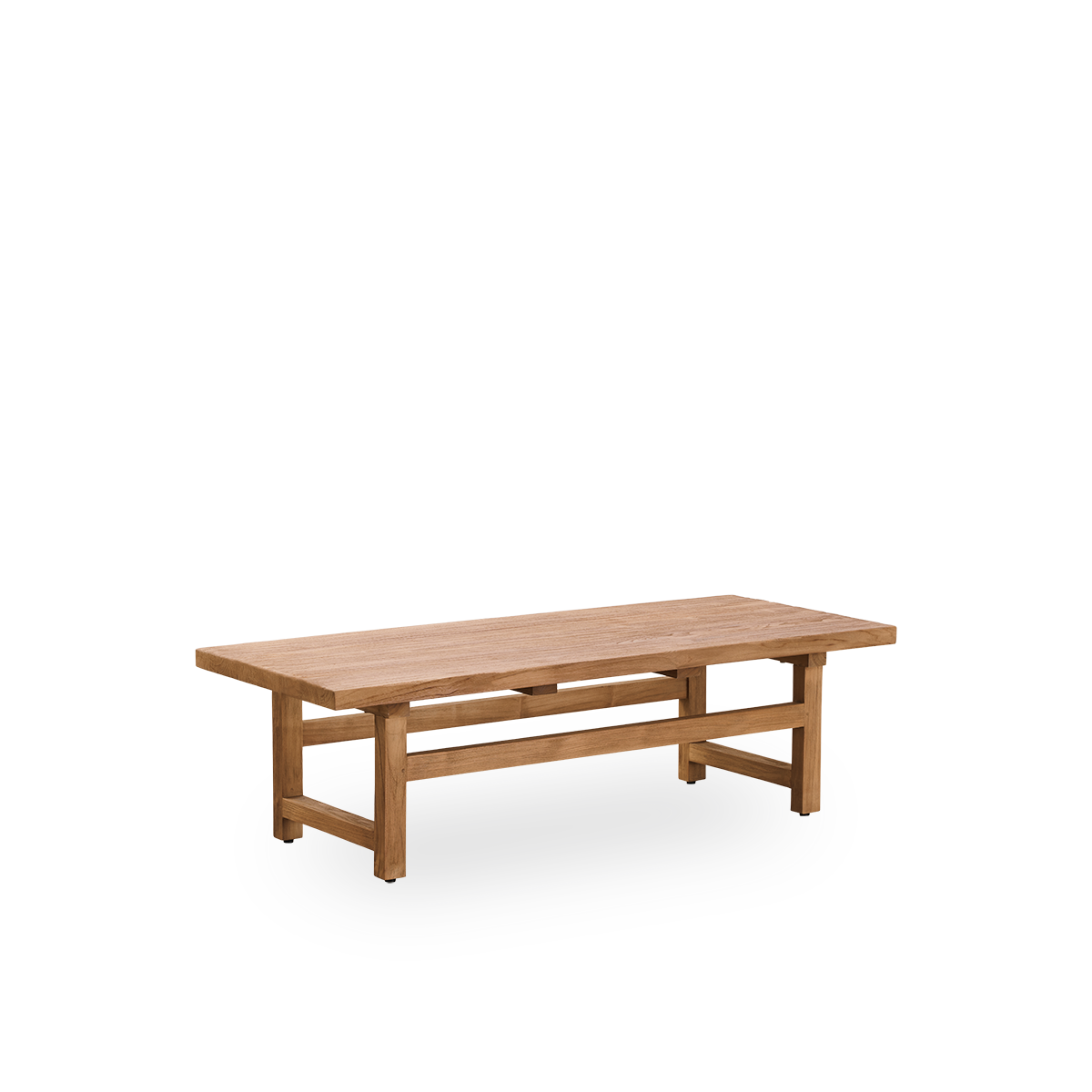 Side view of Alfred coffee table, 140x55 cm, is crafted from Indonesian legal wood, with patinated teak, rustic finish, showcasing natural wood and solid design.