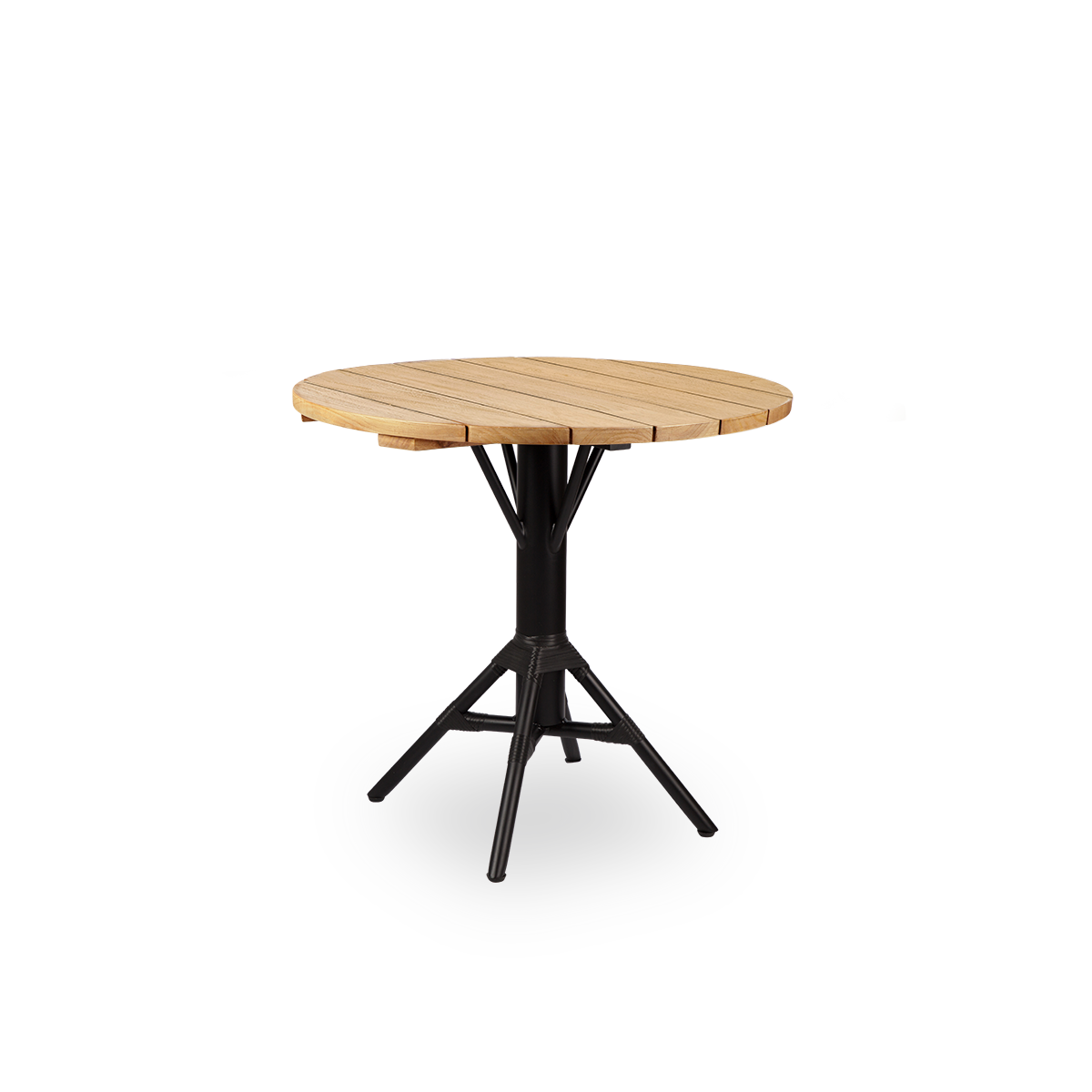 Side view of Nicole outdoor café table, inspired by French café style. Powder-coated black aluminum base with ArtFibre windings, with round chestnut brown teak top Ø80 cm.