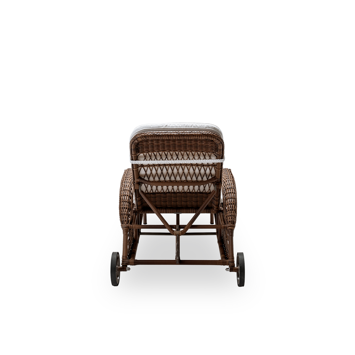 Plain back view of the Daisy exterior sunbed with seat cushion, in brown ArtFibre and aluminium. From Sika-Design's Georgia Garden collection, inspired by British colonial style and classic Danish wicker furniture.