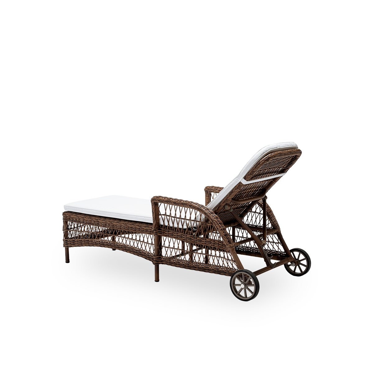 Back side view of the Daisy exterior sunbed with seat cushion, in brown ArtFibre and aluminium. From Sika-Design's Georgia Garden collection, inspired by British colonial style and classic Danish wicker furniture.