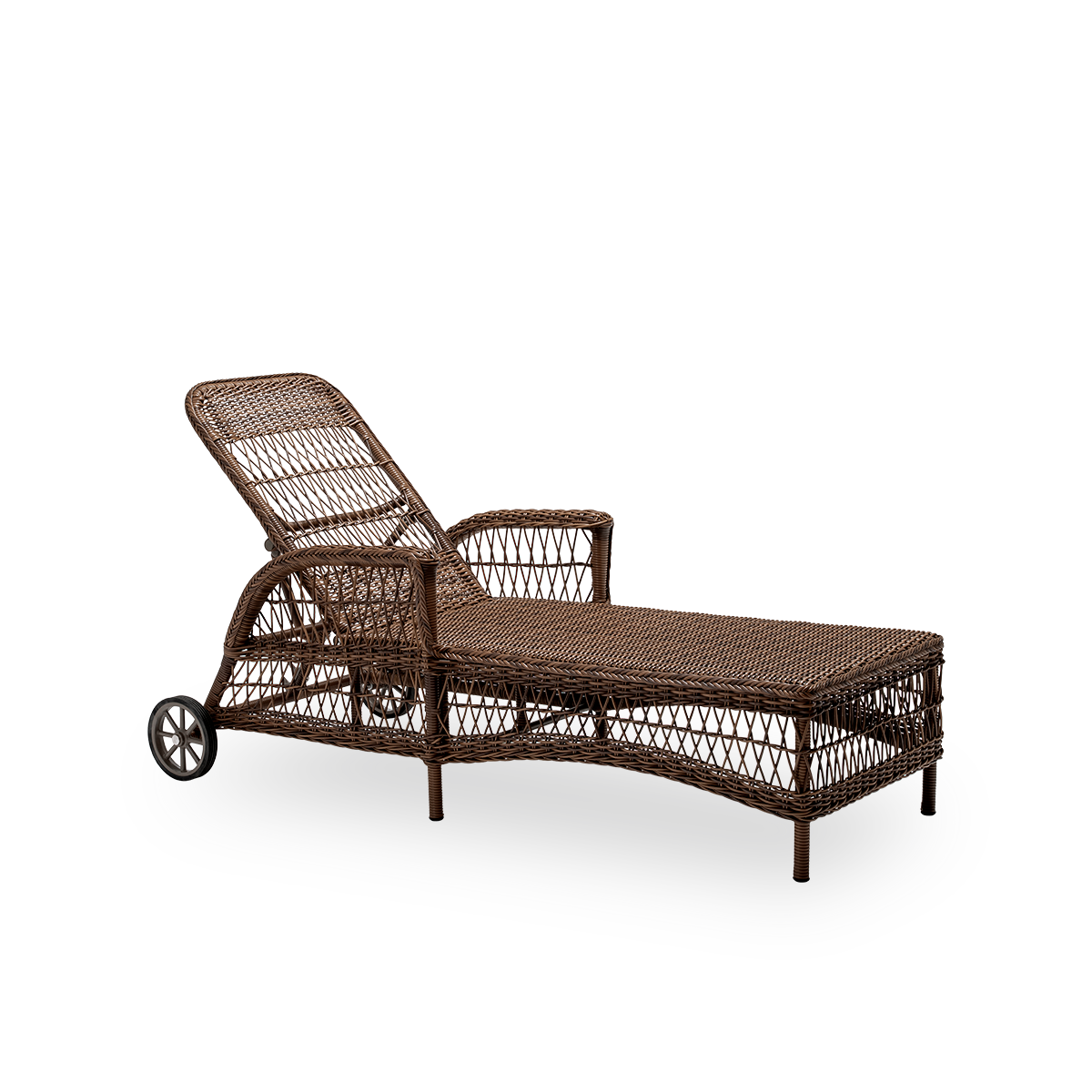 Side view of the Daisy exterior sunbed, in brown ArtFibre and aluminium. From Sika-Design's Georgia Garden collection, inspired by British colonial style and classic Danish wicker furniture.