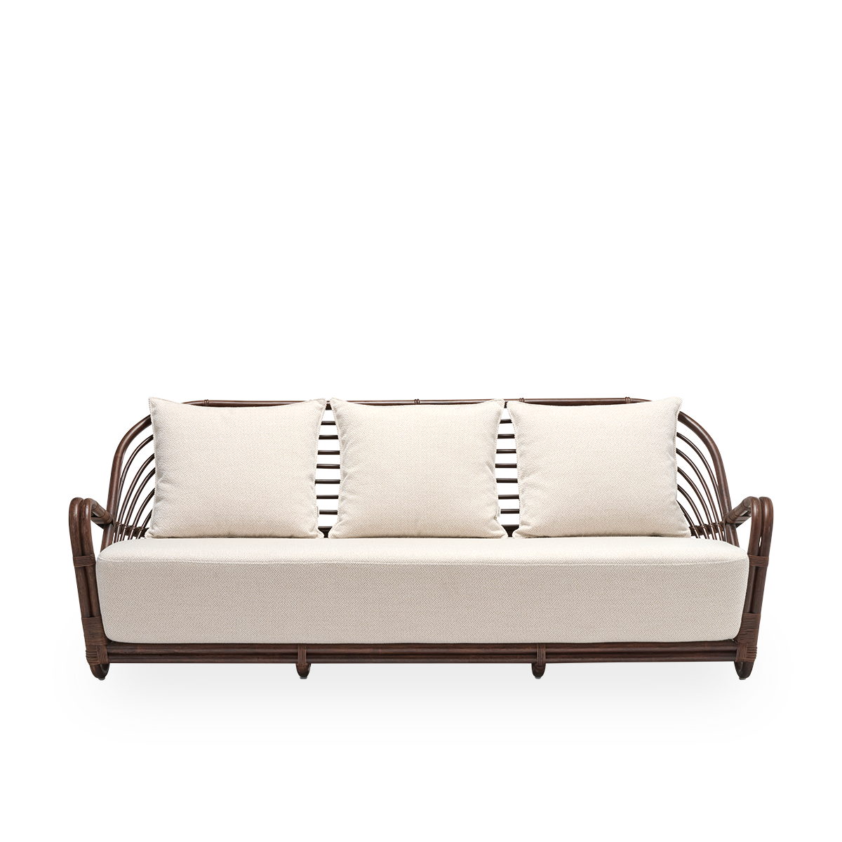 Front view of the Charlottenborg 3-seater sofa with seat and back cushions, in brown rattan. Originally designed by Arne Jacobsen in 1936, its gracefully curved backrest flows seamlessly into the armrests. Handcrafted in rattan.