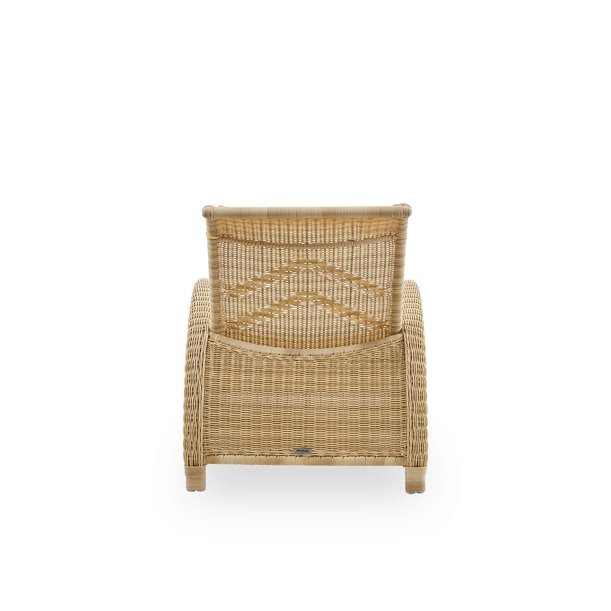 Plain back view of Paris outdoor lounge chair, iconic design by Arne Jacobsen. Aluminium frame fully woven with ArtFibre.
