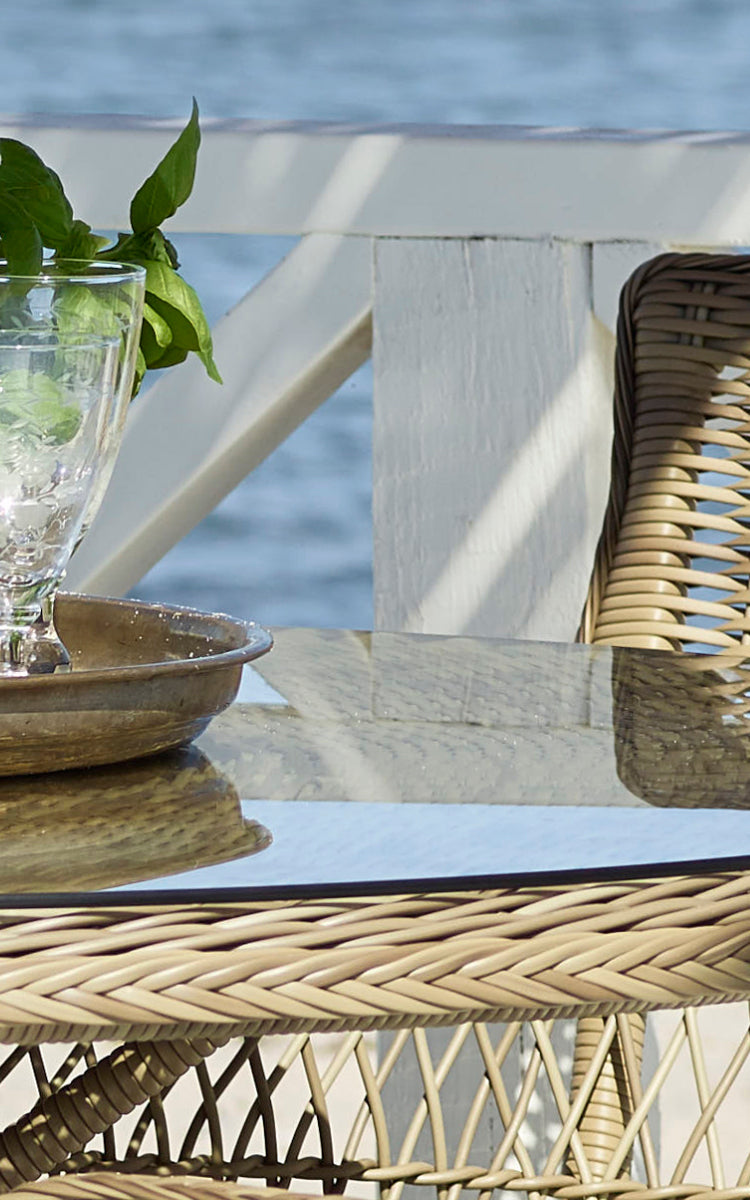 This is a close-up image of Grace Exterior Dining Table in antique Grey ArtFibre Aluminium.