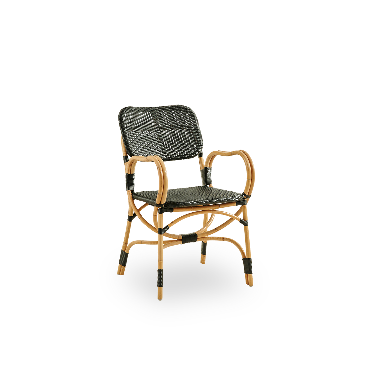 Side view of Bistro chair in black ArtFibre weave with elegant design. Rattan frame with seat woven in ArtFibre. The curved Rattan frame under the seat extend into armrests.