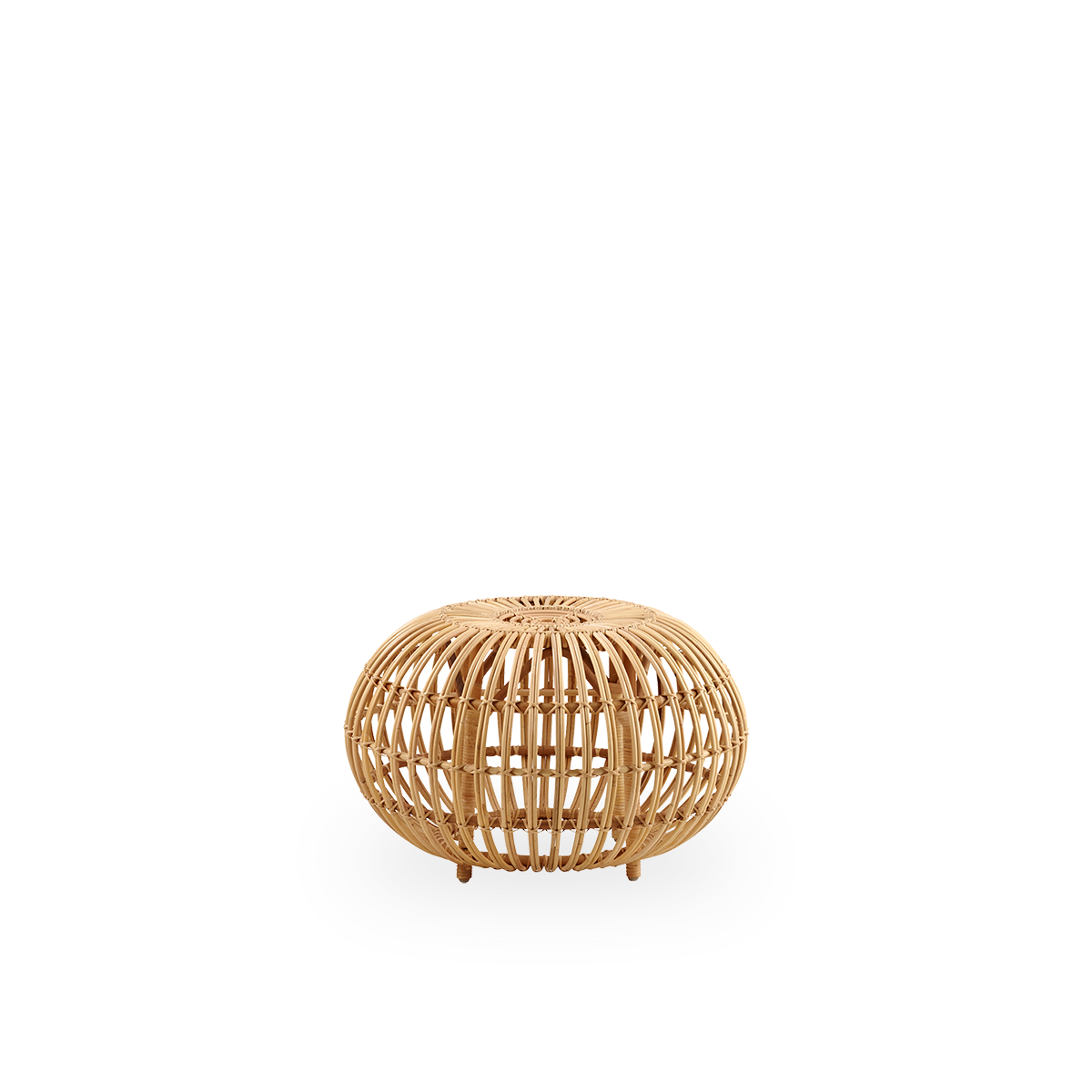 Side view of Large Ottoman Ø65 cm designed by Franco Albini & Franca Helg. Handcrafted in high quality rattan in natural color.