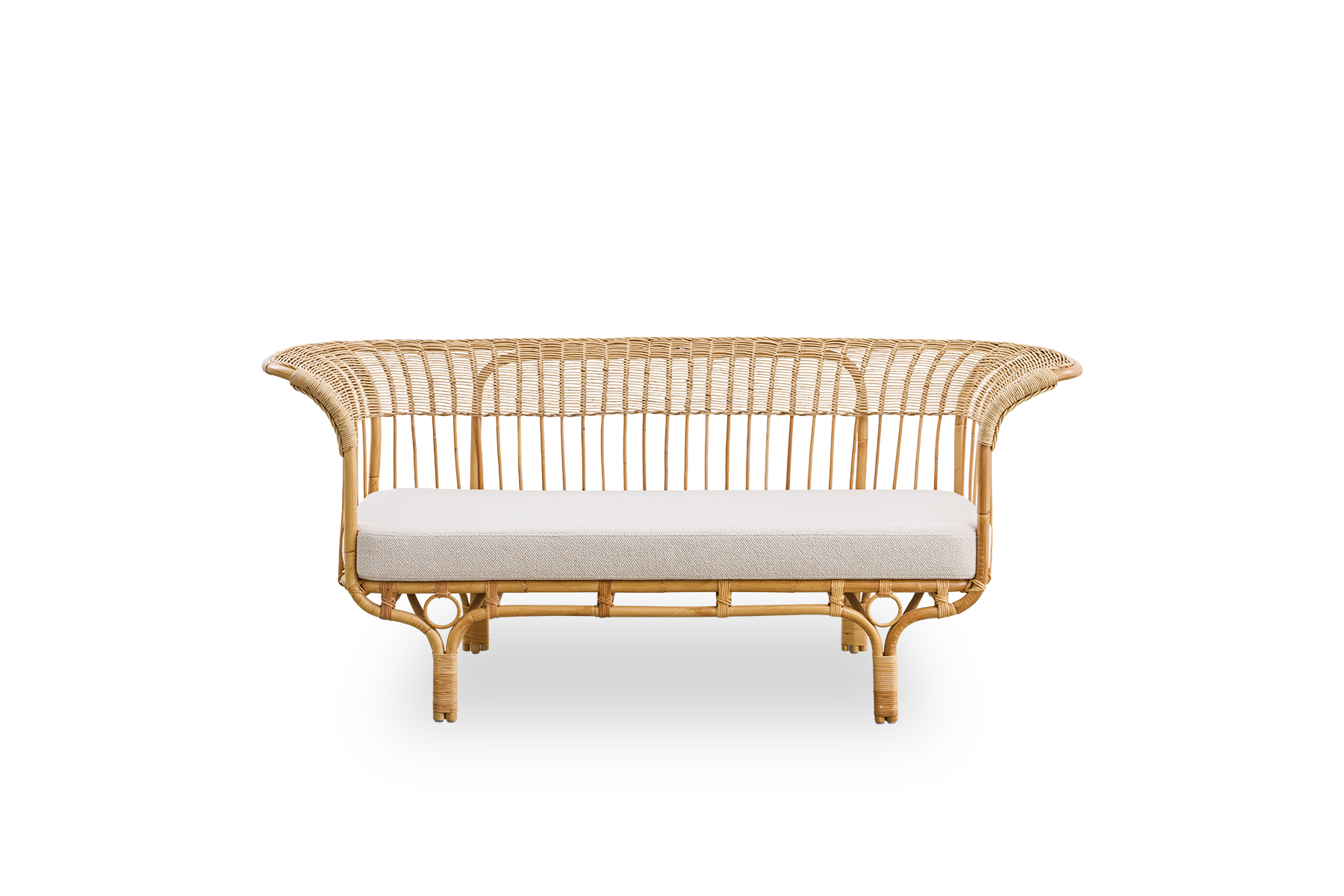 Front view of Belladonna outdoor sofa in rattan look, designed by Franco Albini and Franca Helg. The sofa has an elegant expression with thin legs and a majestic seat with many detailed ArtFibre windings on an aluminium frame.