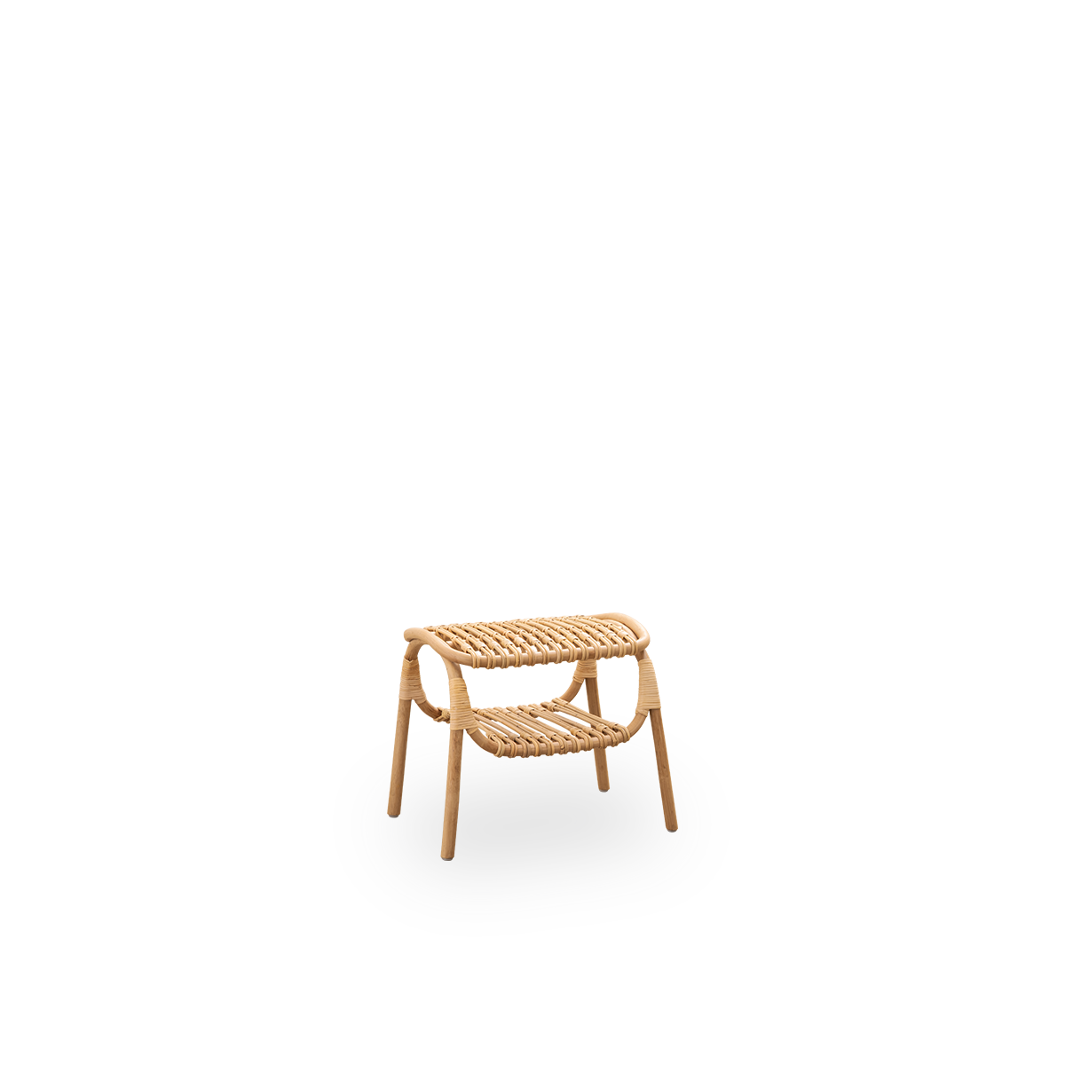 Side view of Machiya stool designed by Jin Kuramoto inspired by traditional Japanese Machiya townhouses. Handcrafted from high-quality Indonesian rattan. Width 53 cm.