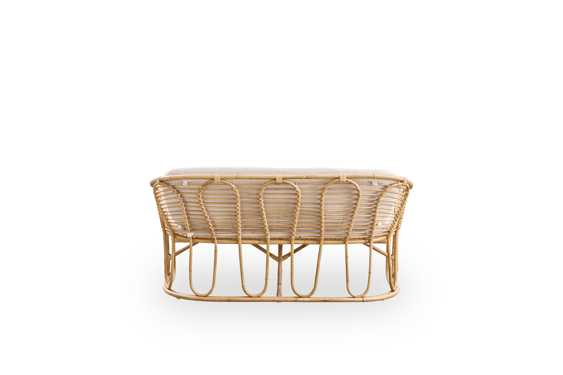 Plain back view of Swing 2-seater sofa designed by Tove Kindt-Larsen. Handcrafted from high-quality Indonesian rattan and fitted with seat and back cushion.