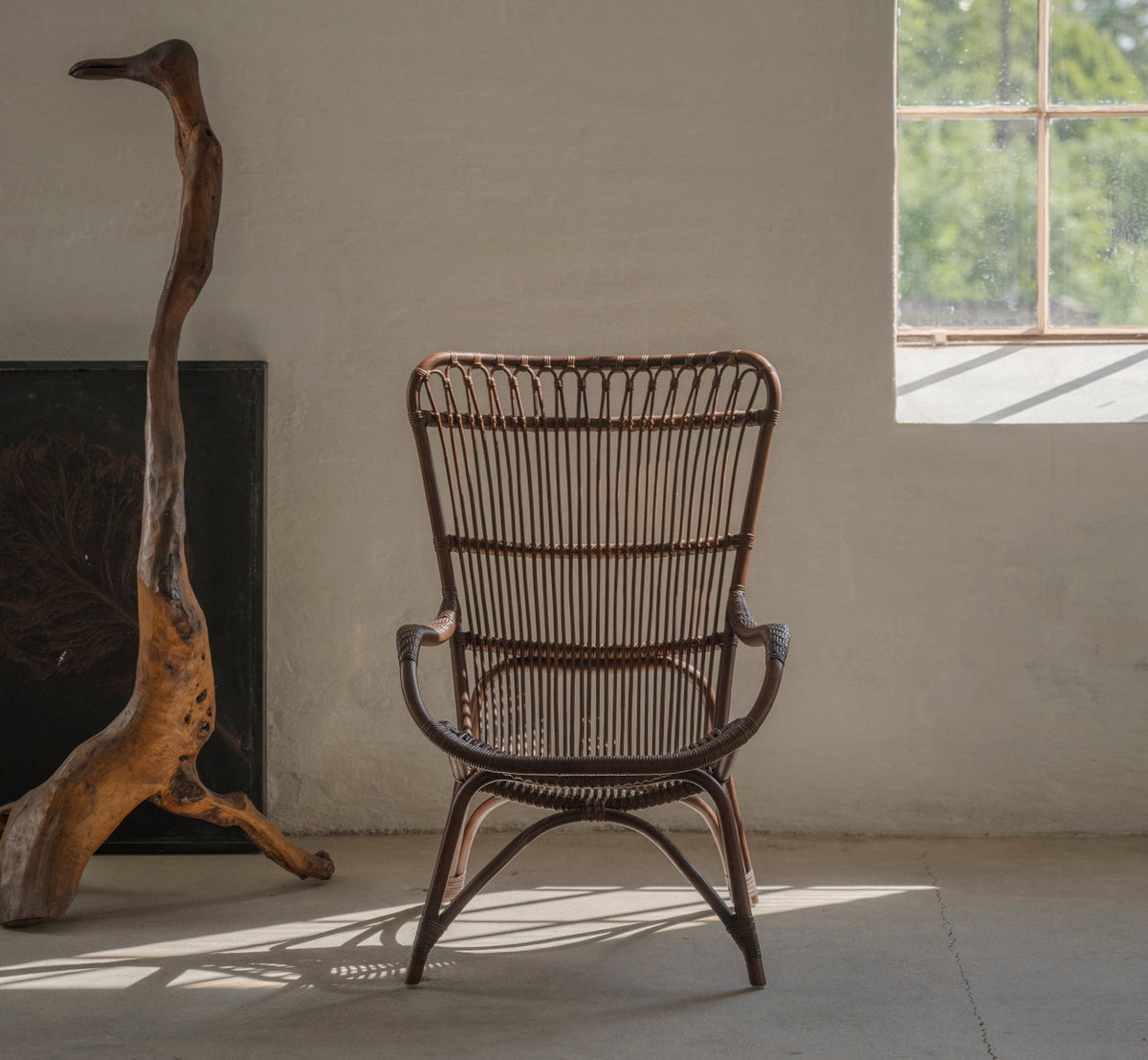 This is a lifestyle image of Monet Lounge Chair in brown rattan. Beside driftwood in a rustic room with concrete floor.