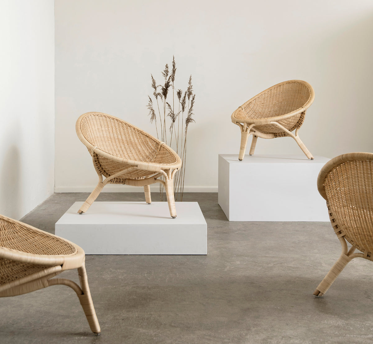 This is a lifestyle image of Rana Lounge Chair in natural core weave rattan frame. Standing alone in a room with gilt panelling and parquet flooring.