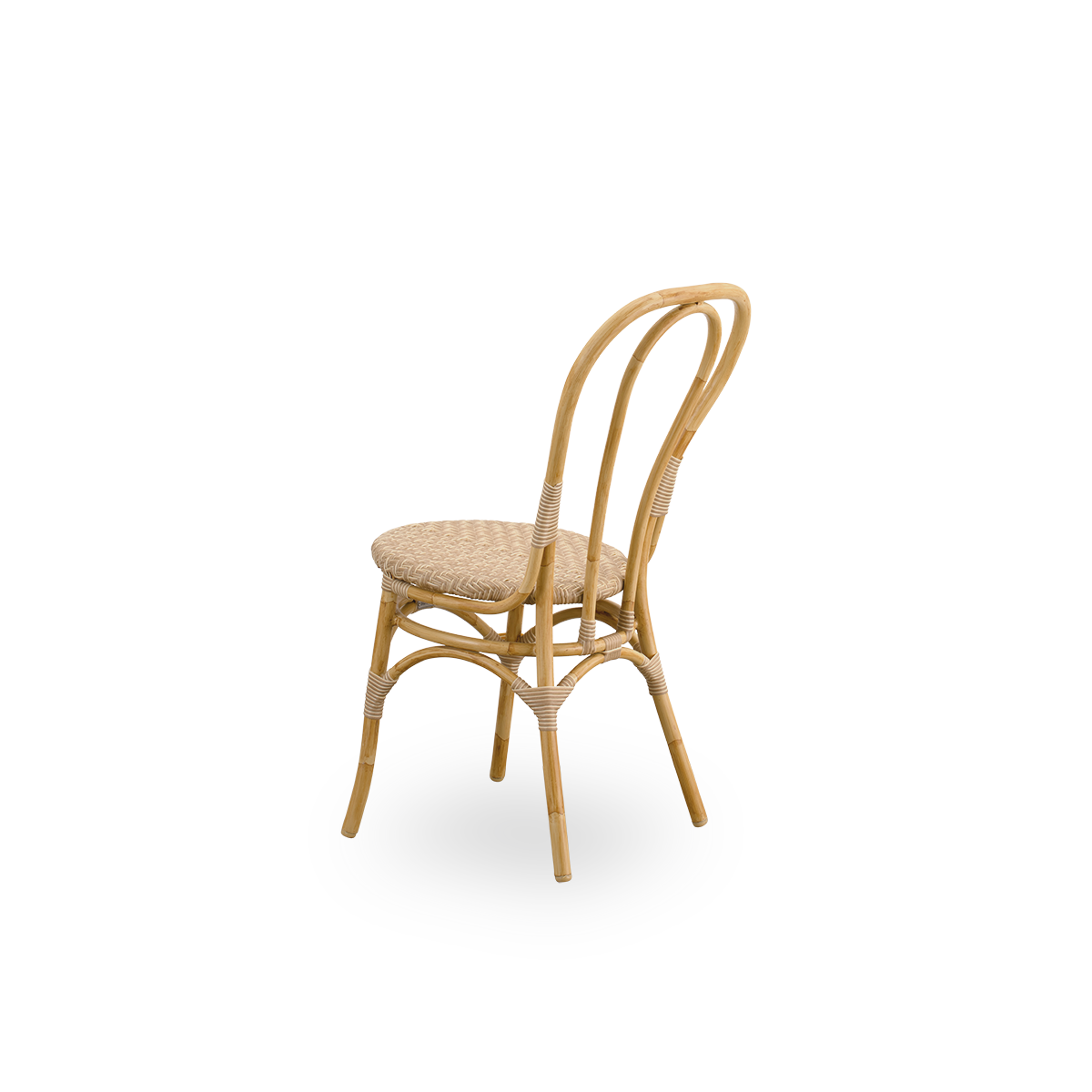 Plain back view of Lulu Exterior dining chair, a lightweight outdoor bistro chair with a round simple backrest presented with aluminium frame in handpainted rattan look with ArtFibre windings.