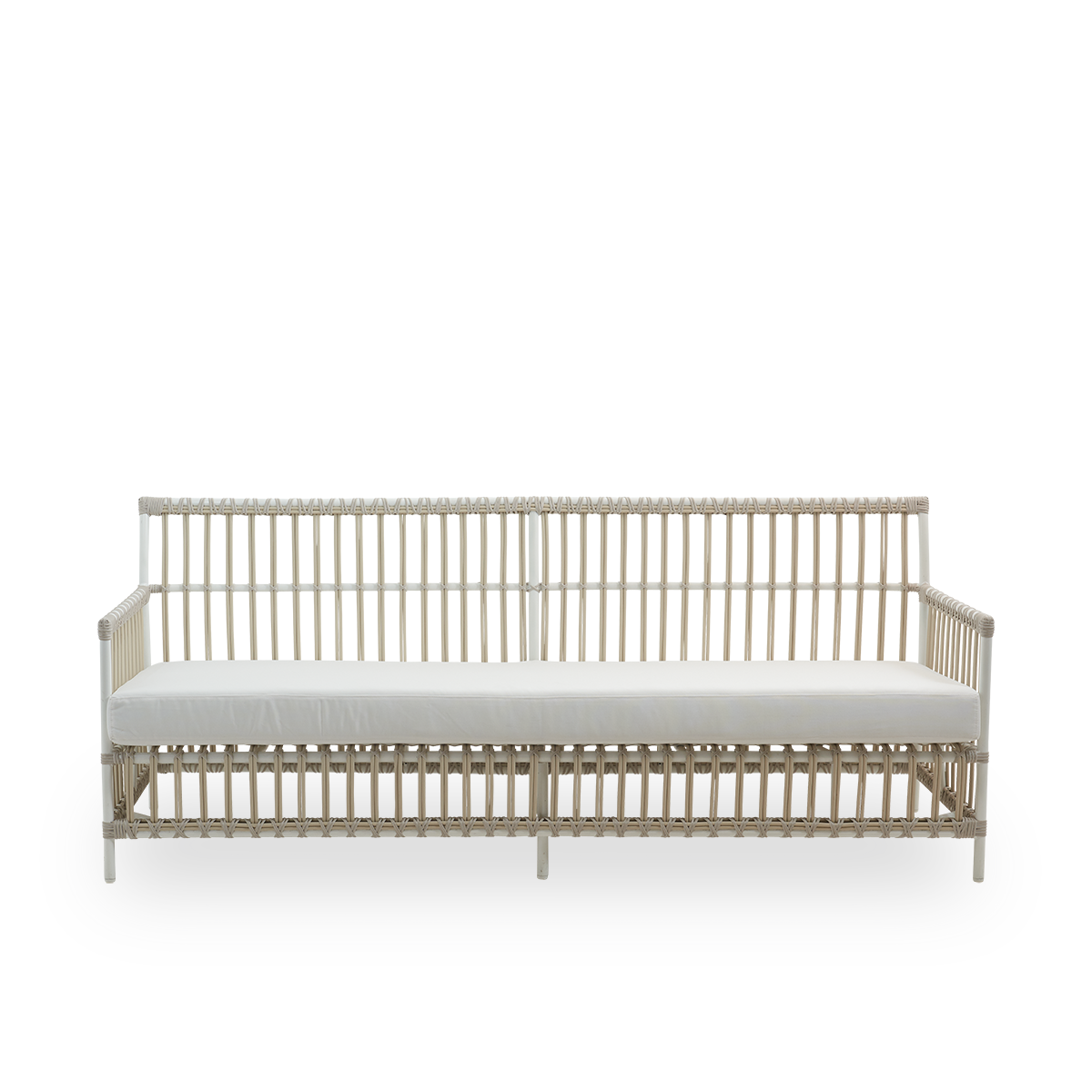 Front view of Caroline outdoor 3-seater sofa in Dove White color, simple and elegant Danish design. Aluminium frame with ArtFibre bindings.