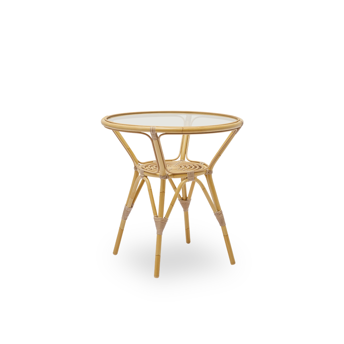 Side view of Tony outdoor café table with 8mm tempered glass top fixed inside the table frame. Aluminium frame in rattan look with ArtFibre bindings.