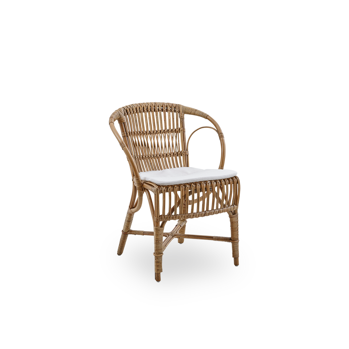 Side view of Robert dining chair in antique brown color designed by Robert W. Elegant wicker chair handcrafted from high-quality Indonesian rattan.