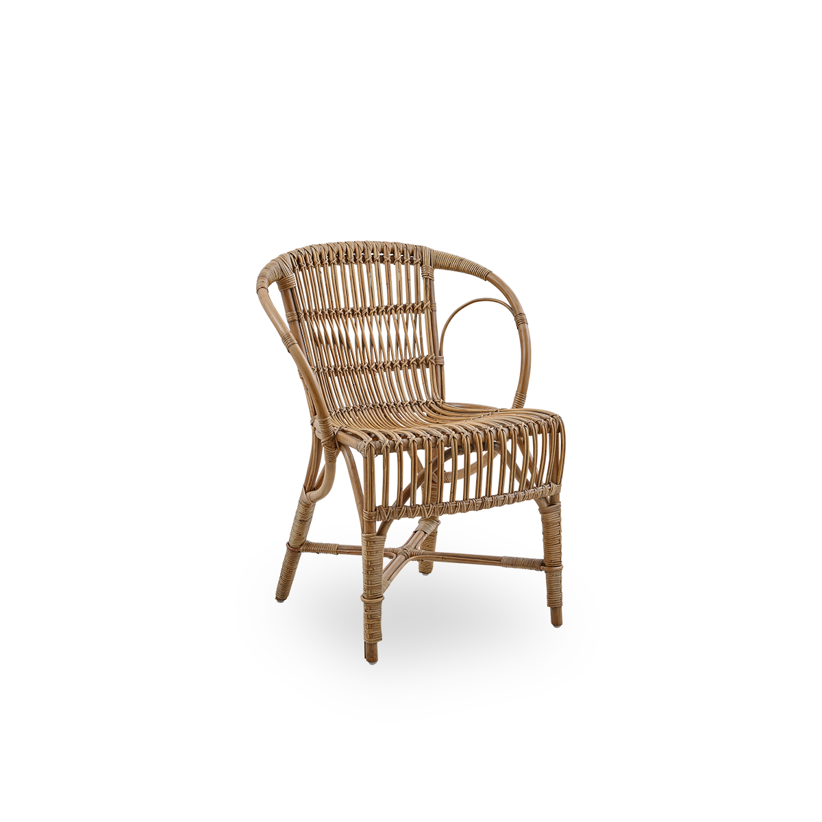 Side view of Robert dining chair in antique brown color designed by Robert W. Elegant wicker chair handcrafted from high-quality Indonesian rattan.