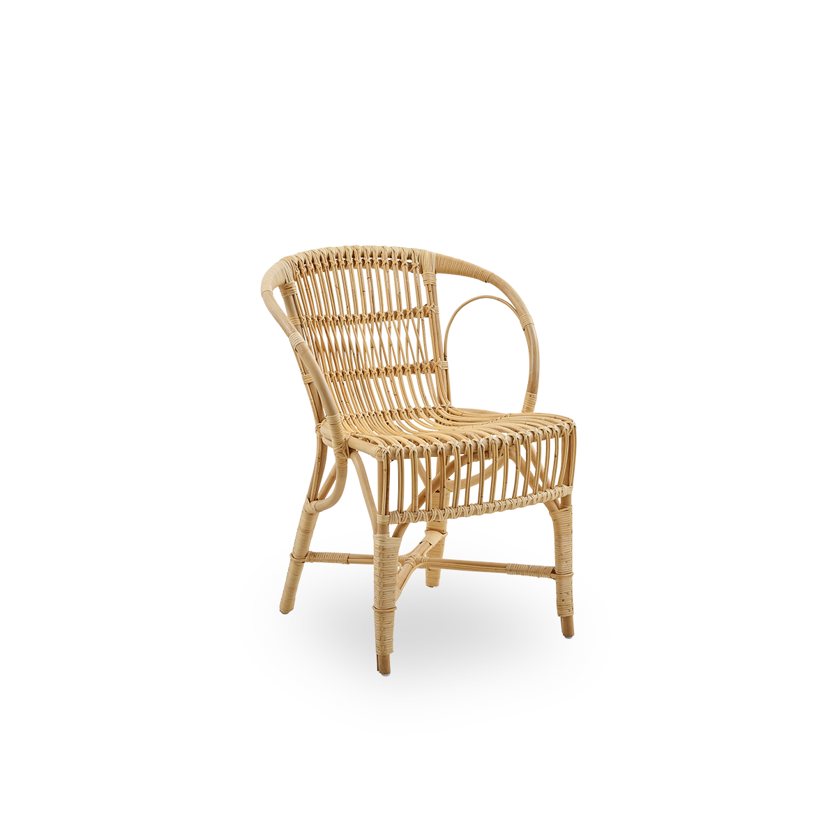 Side view of Robert dining chair in natural color designed by Robert W. Elegant wicker chair handcrafted from high-quality Indonesian rattan.