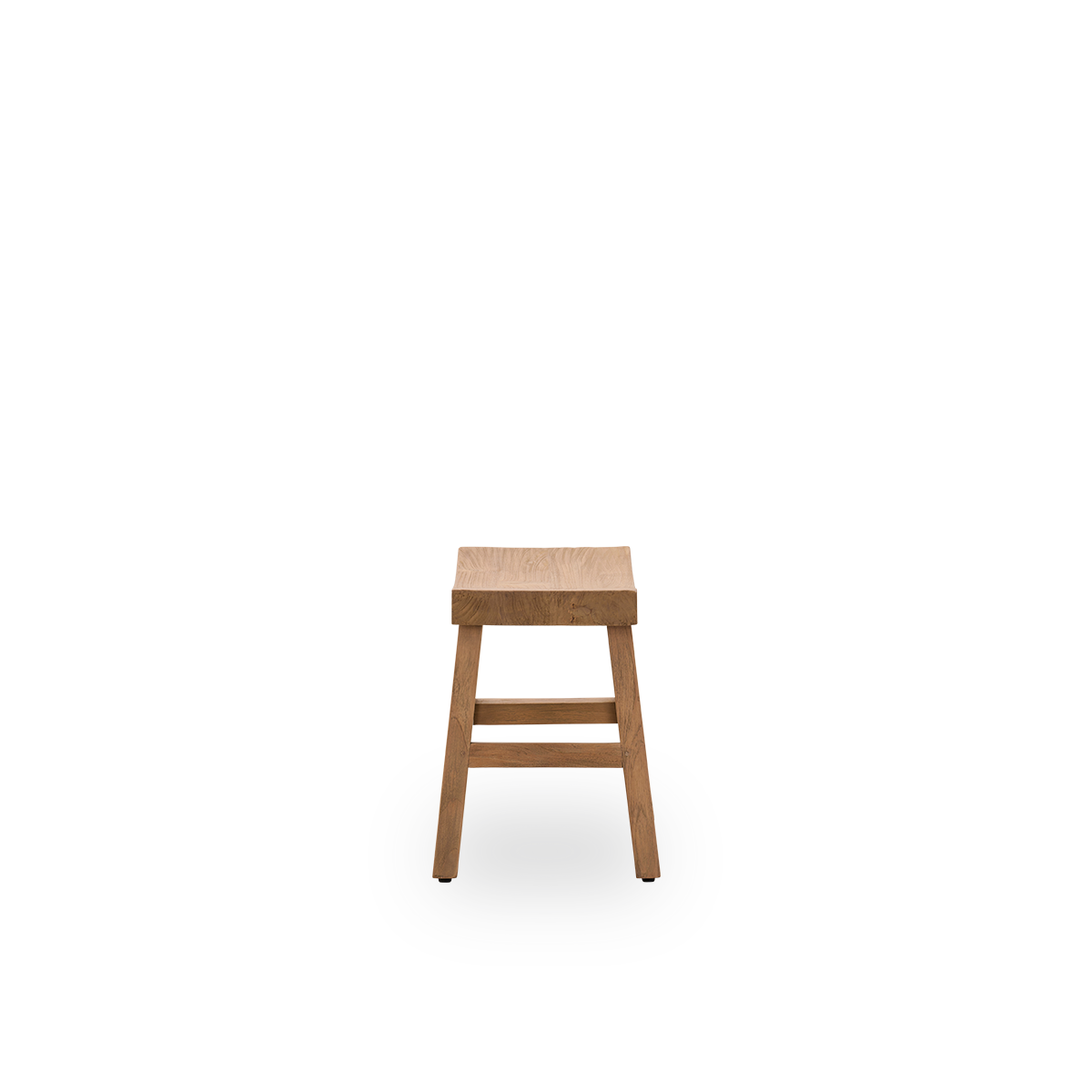 Plain side view of the Charles stool, an elegant stool made from patinated teak crafted from Indonesian legal wood, with a rustic finish.